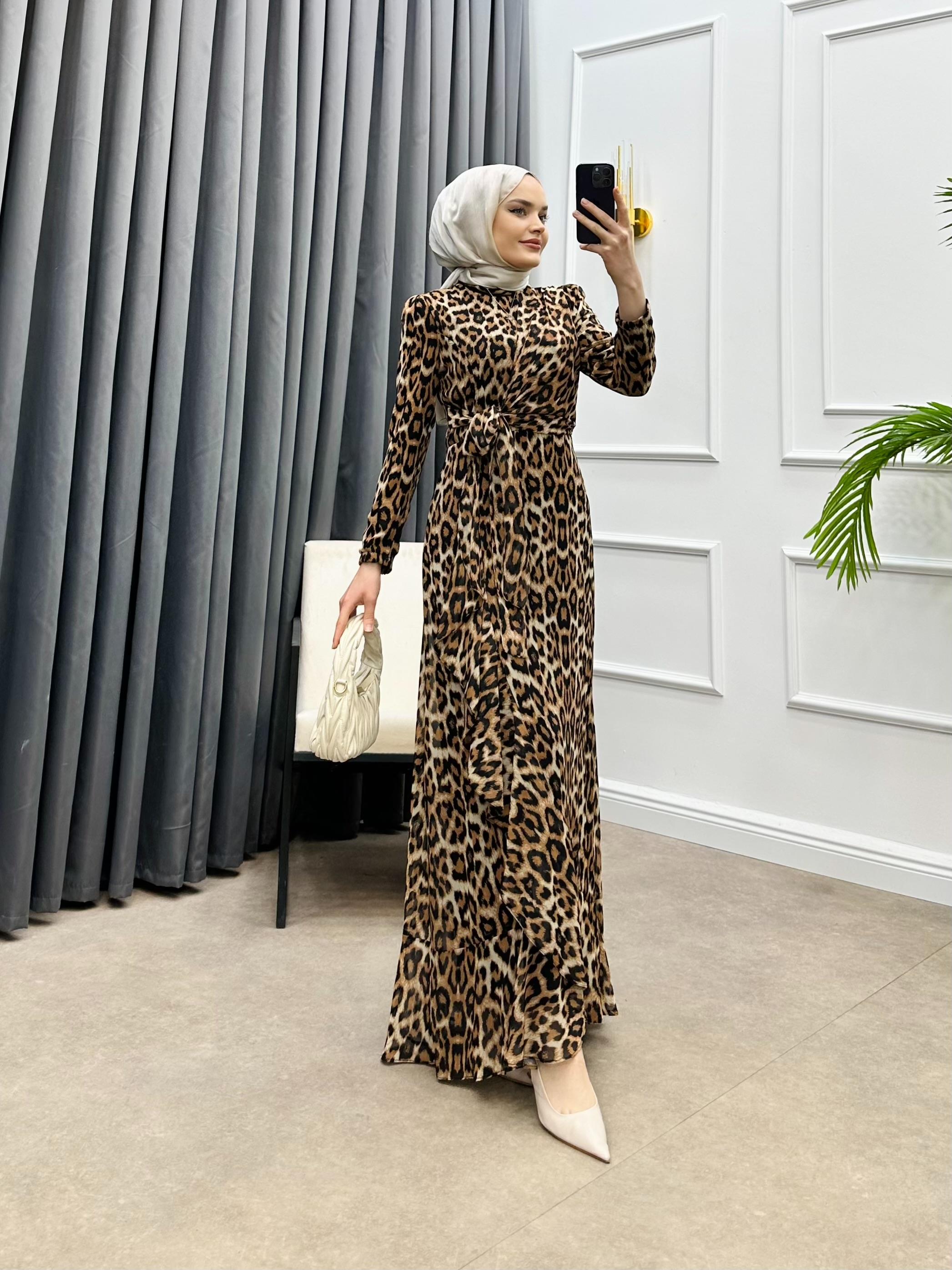 LEOPAR DESEN ELBİSE KAHVE