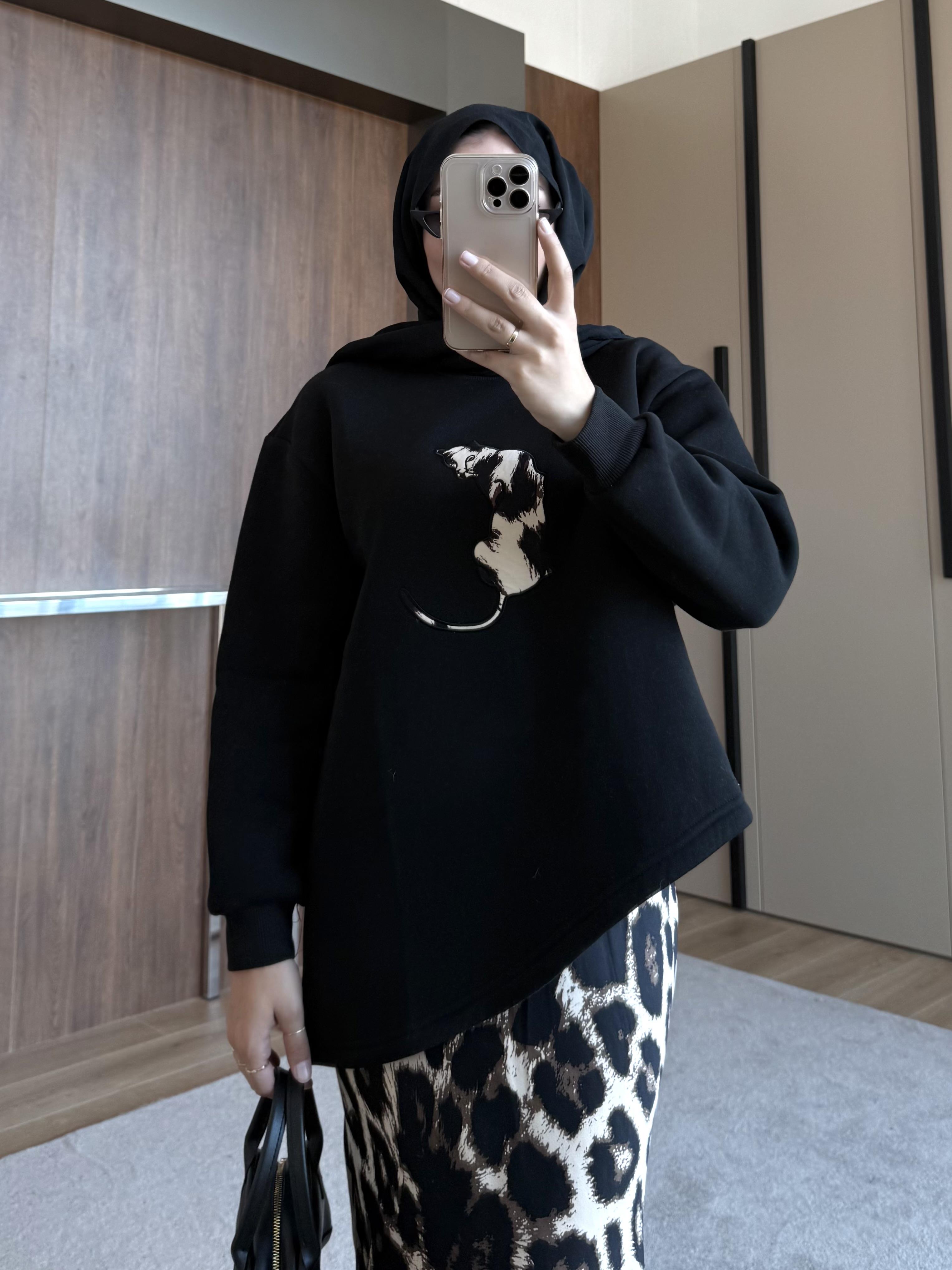 LEOPAR DESENLİ ETEKLİ TAKIM SİYAH