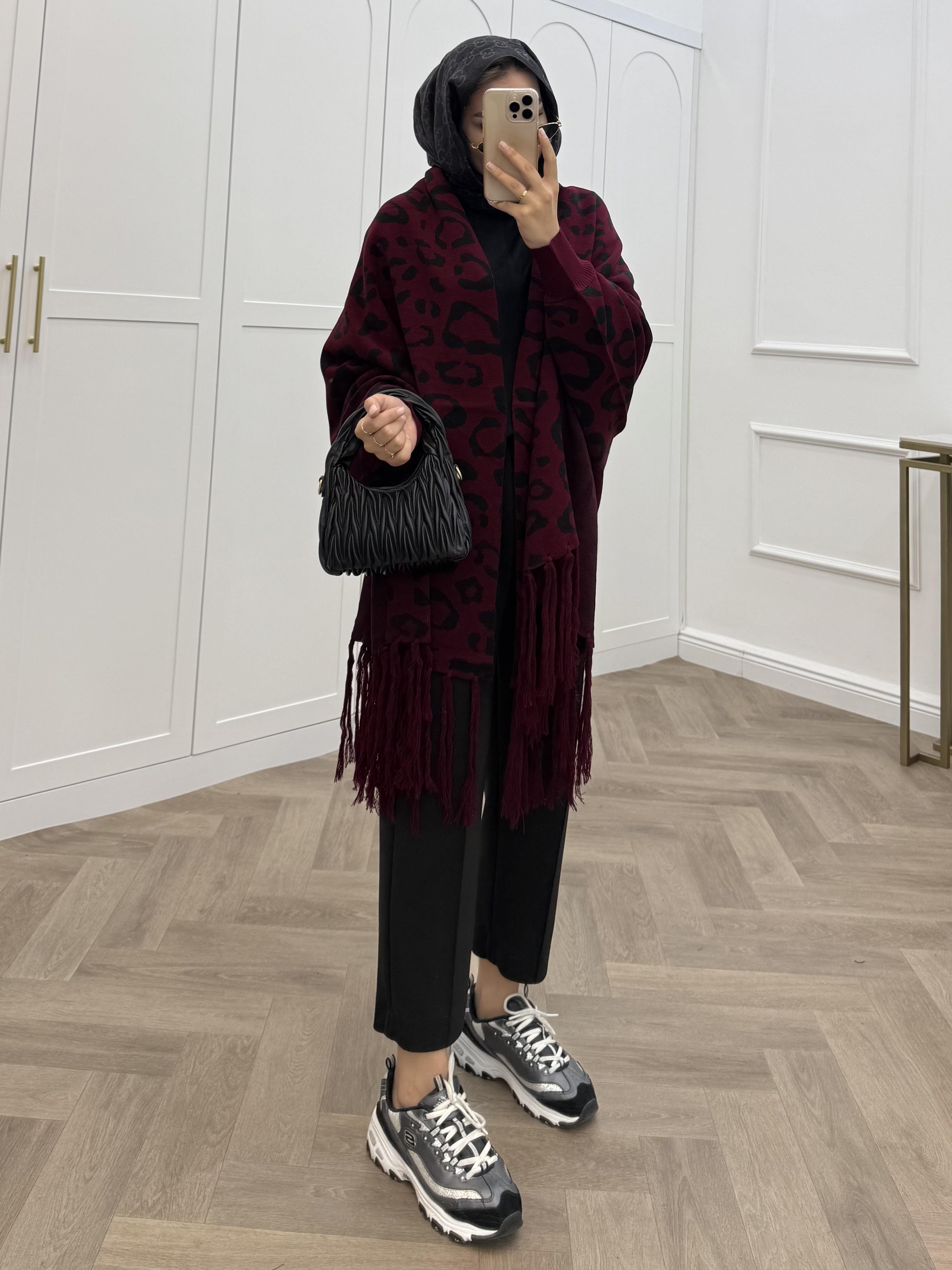 LEOPAR DESENLİ ŞAL PANÇO BORDO