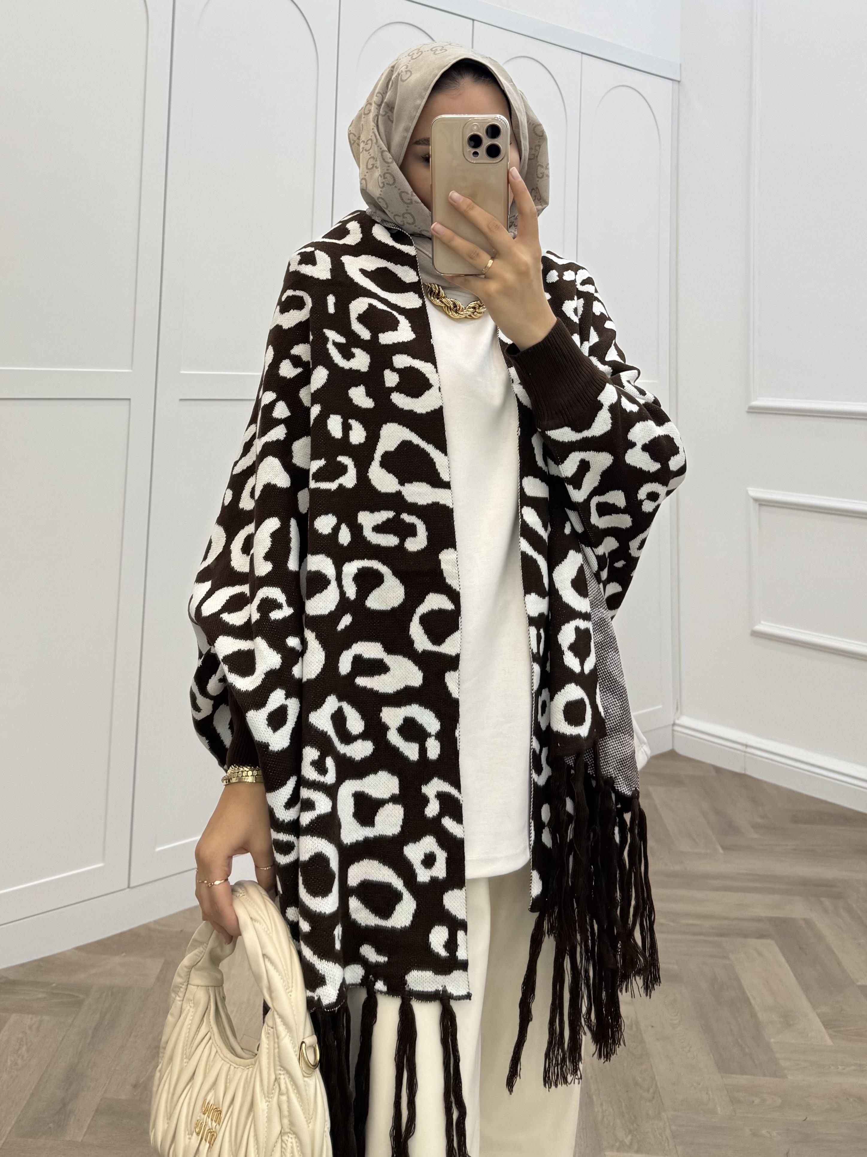 LEOPAR DESENLİ ŞAL PANÇO KAHVE