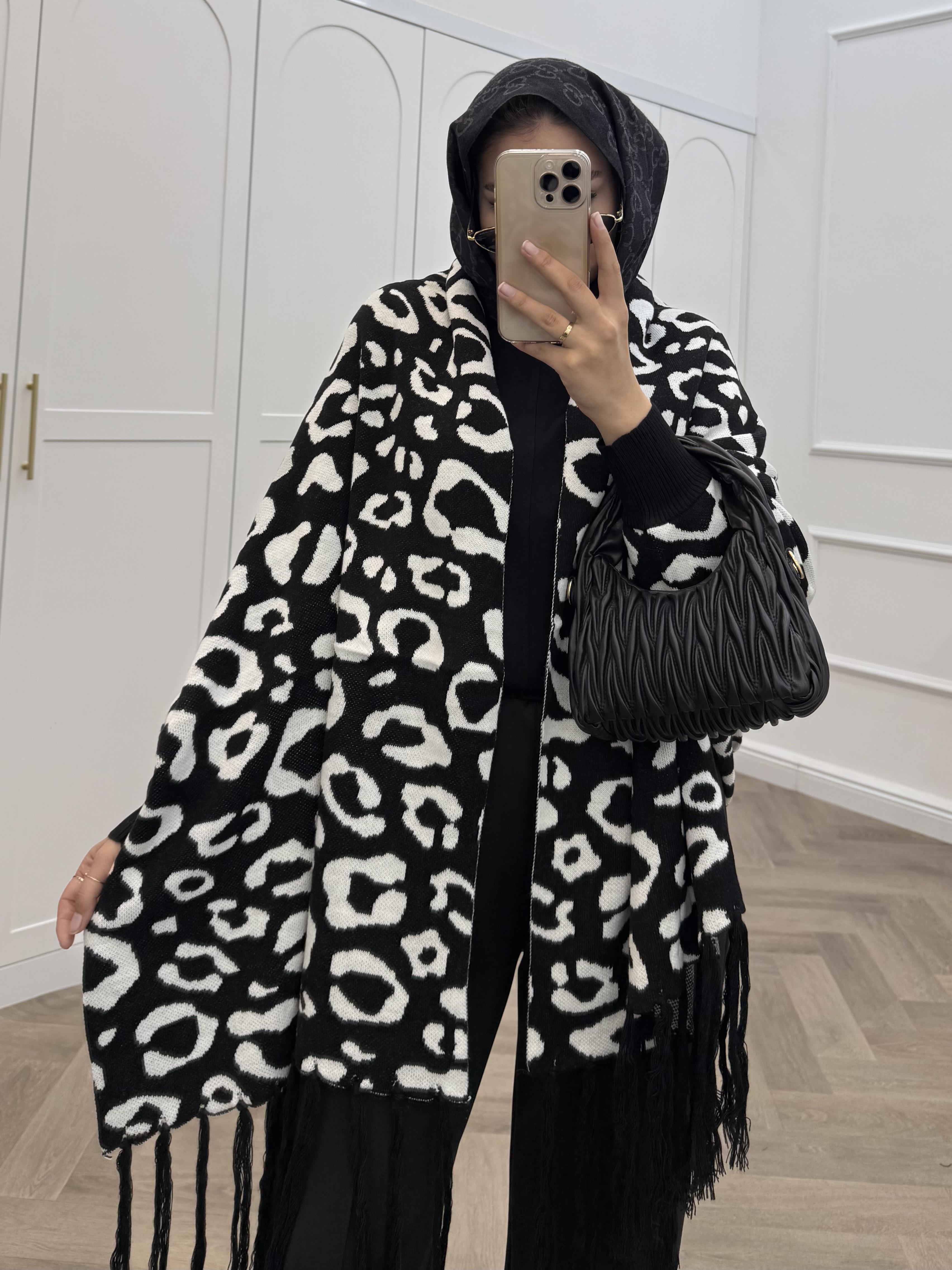LEOPAR DESENLİ ŞAL PANÇO SİYAH