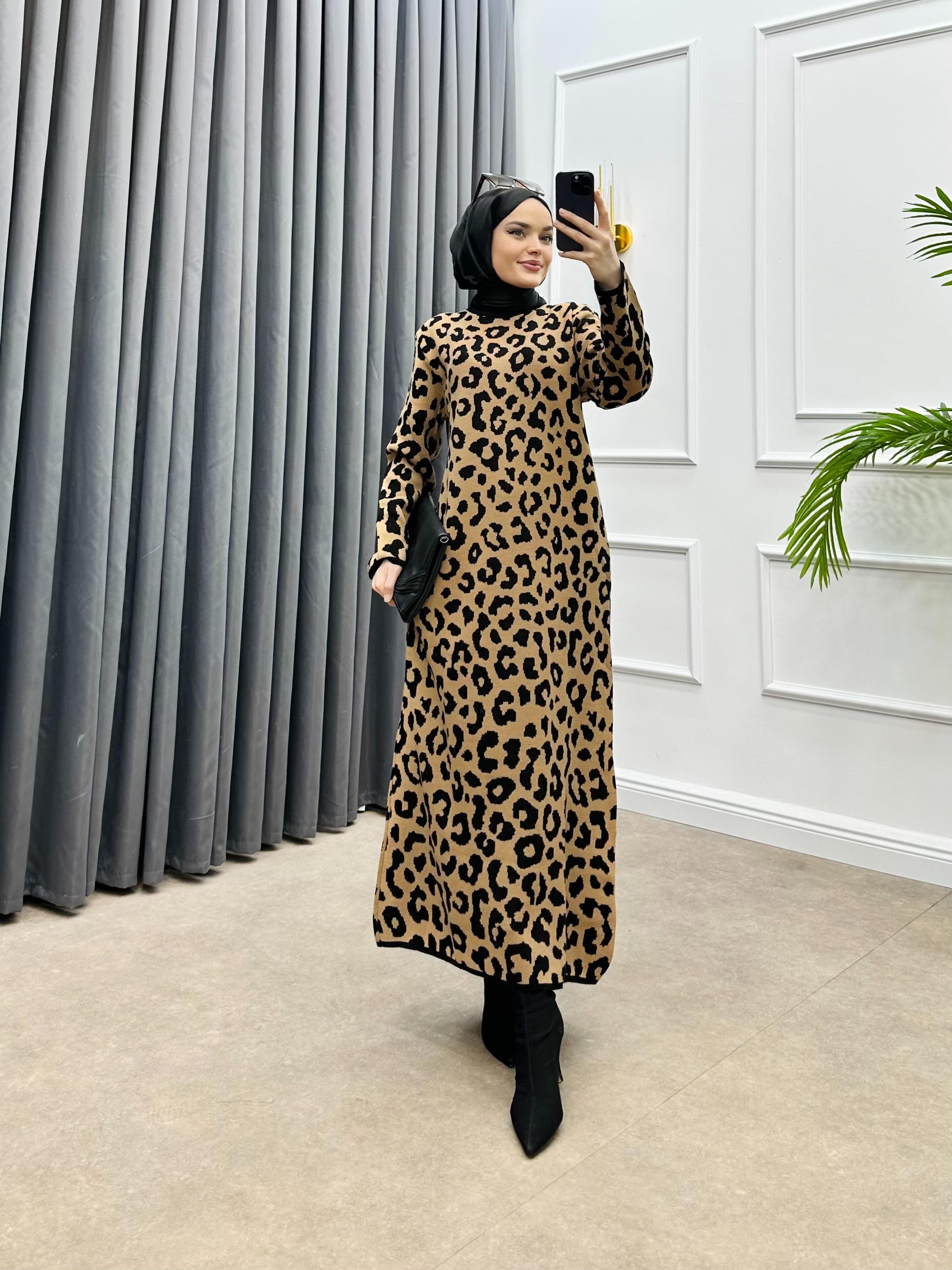 LEOPAR TRİKO ELBİSE KAHVE