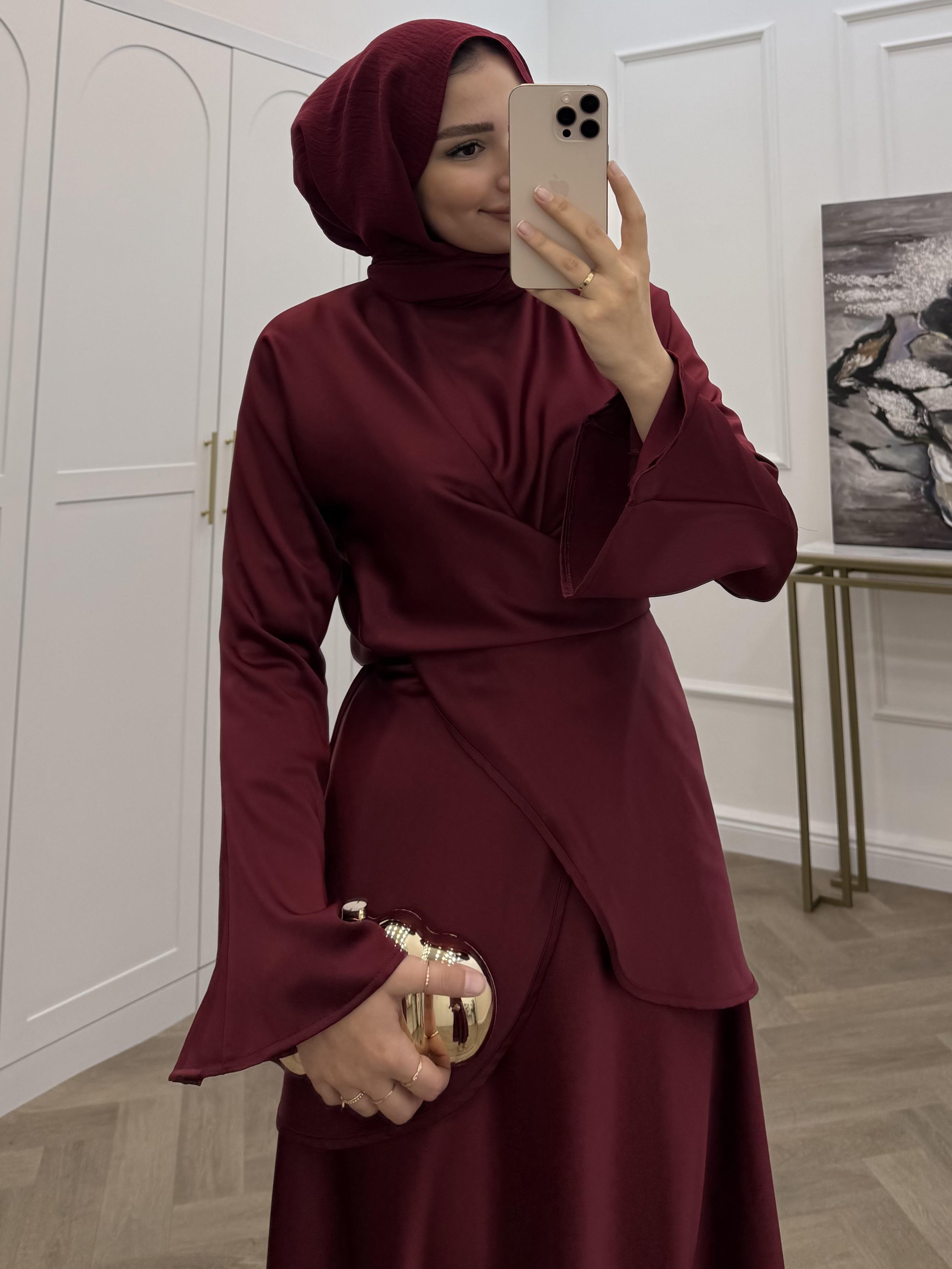 LİNA ÖNDEN BAĞLAMALI SATEN ETEKLİ TAKIM BORDO
