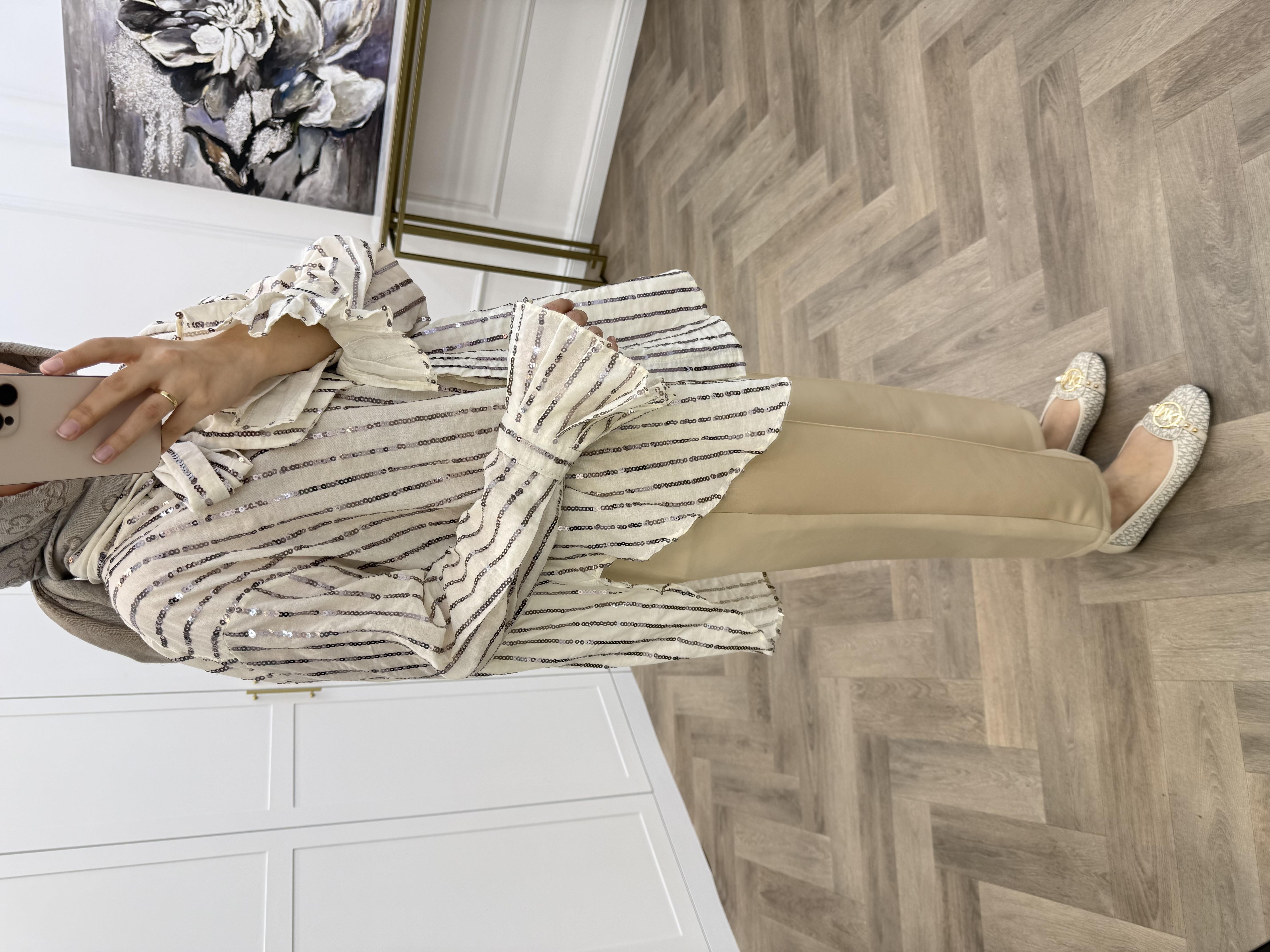 MİLANO YAKA BAĞCIKLI PAYETLİ GÖMLEK BEJ