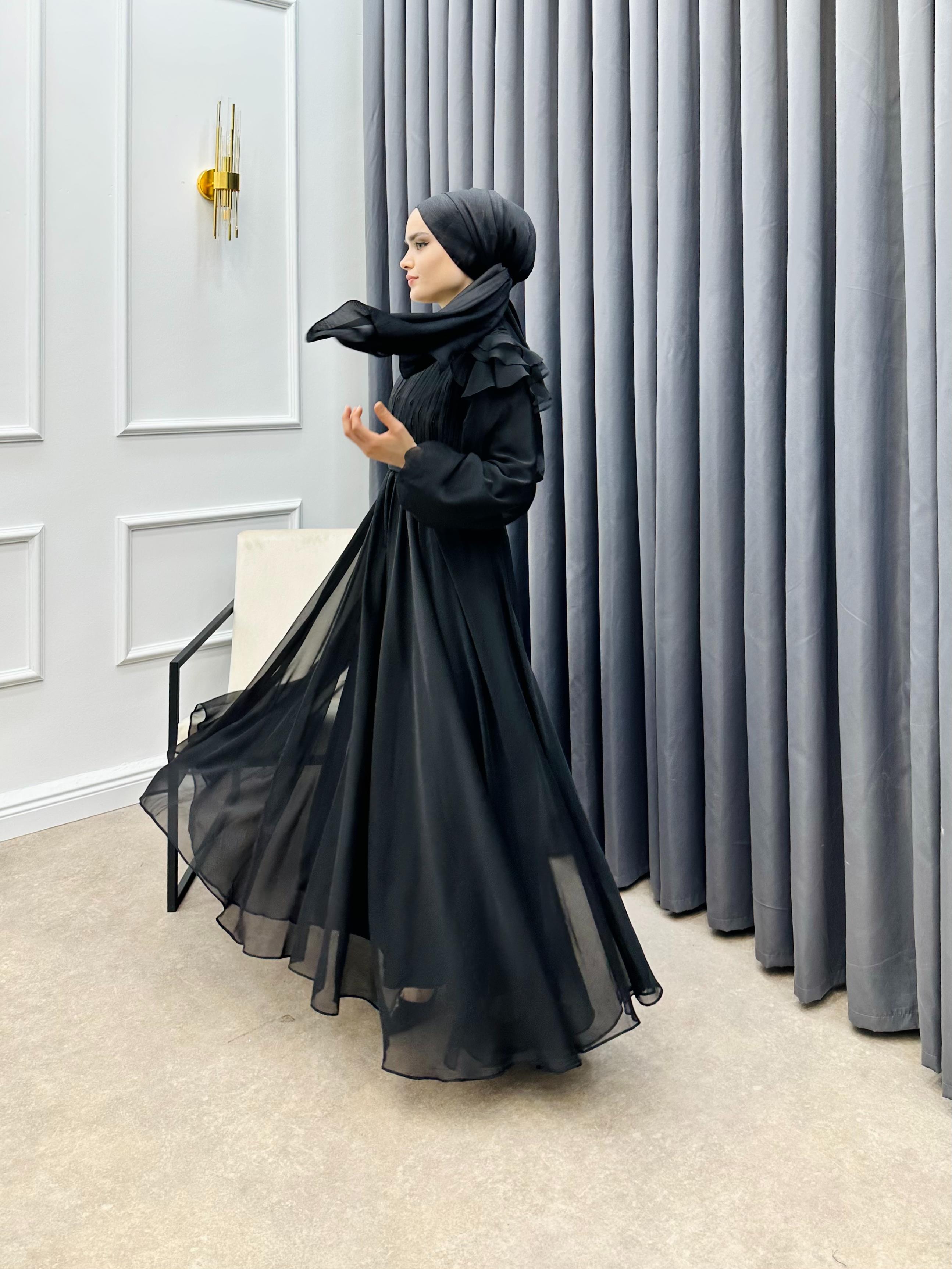 OMUZ FIRFIR DETAYLI JANJAN ABİYE SİYAH