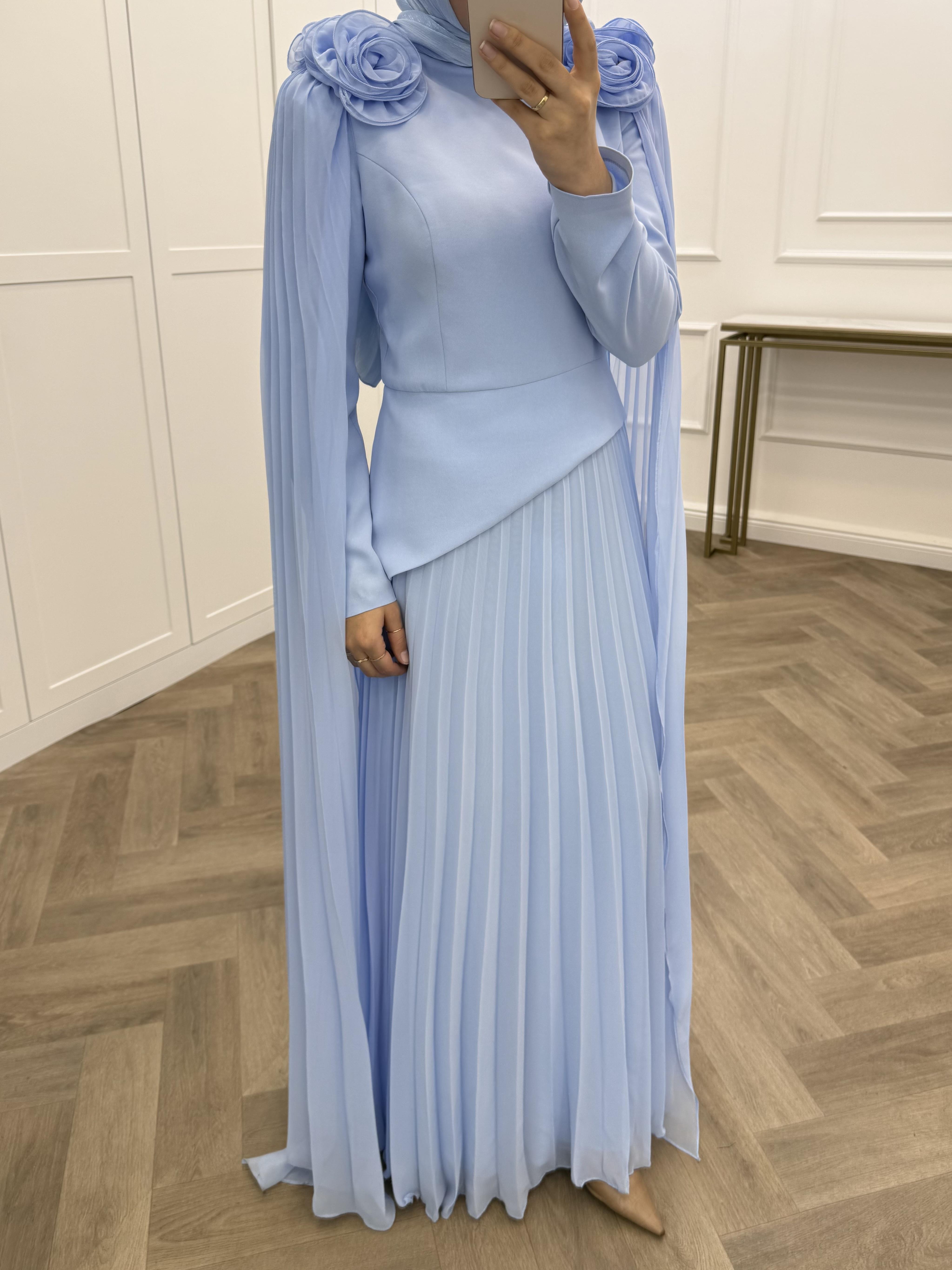 OMZU ÇİÇEK DETAYLI ŞİFON ELBİSE BEBE MAVİSİ