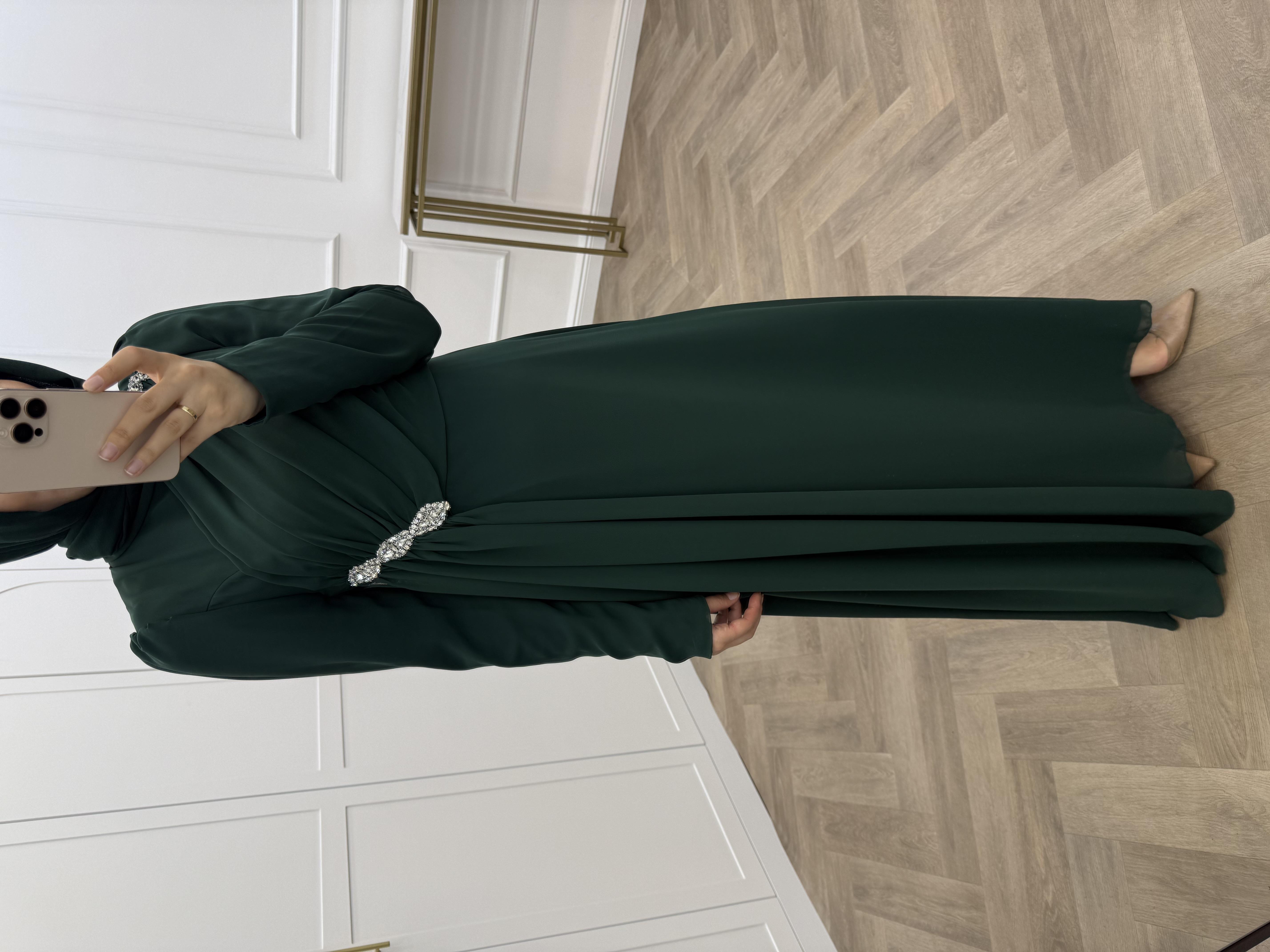 OMZU TAŞLI ŞİFON ELBİSE HAKİ