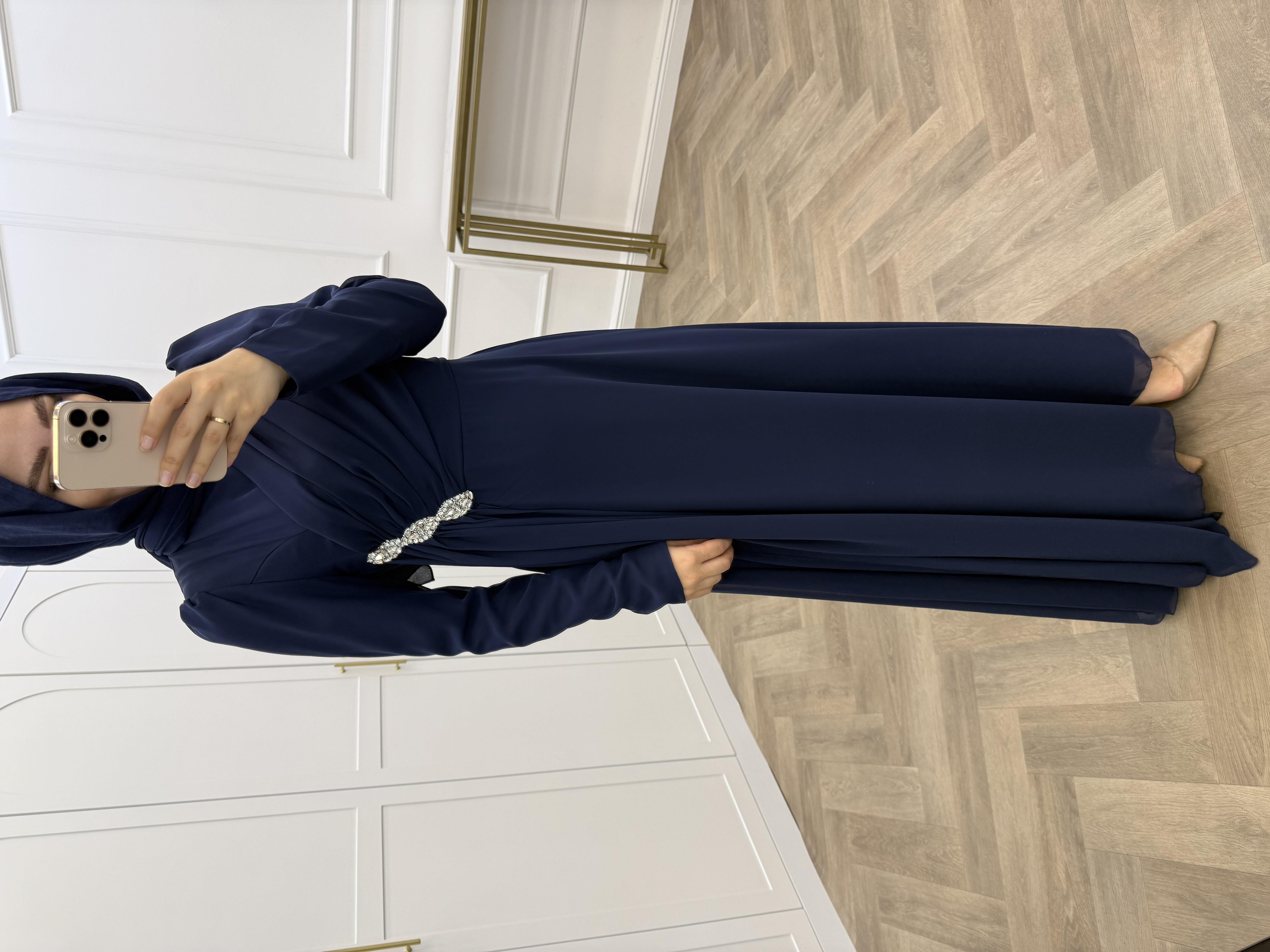 OMZU TAŞLI ŞİFON ELBİSE LACİVERT