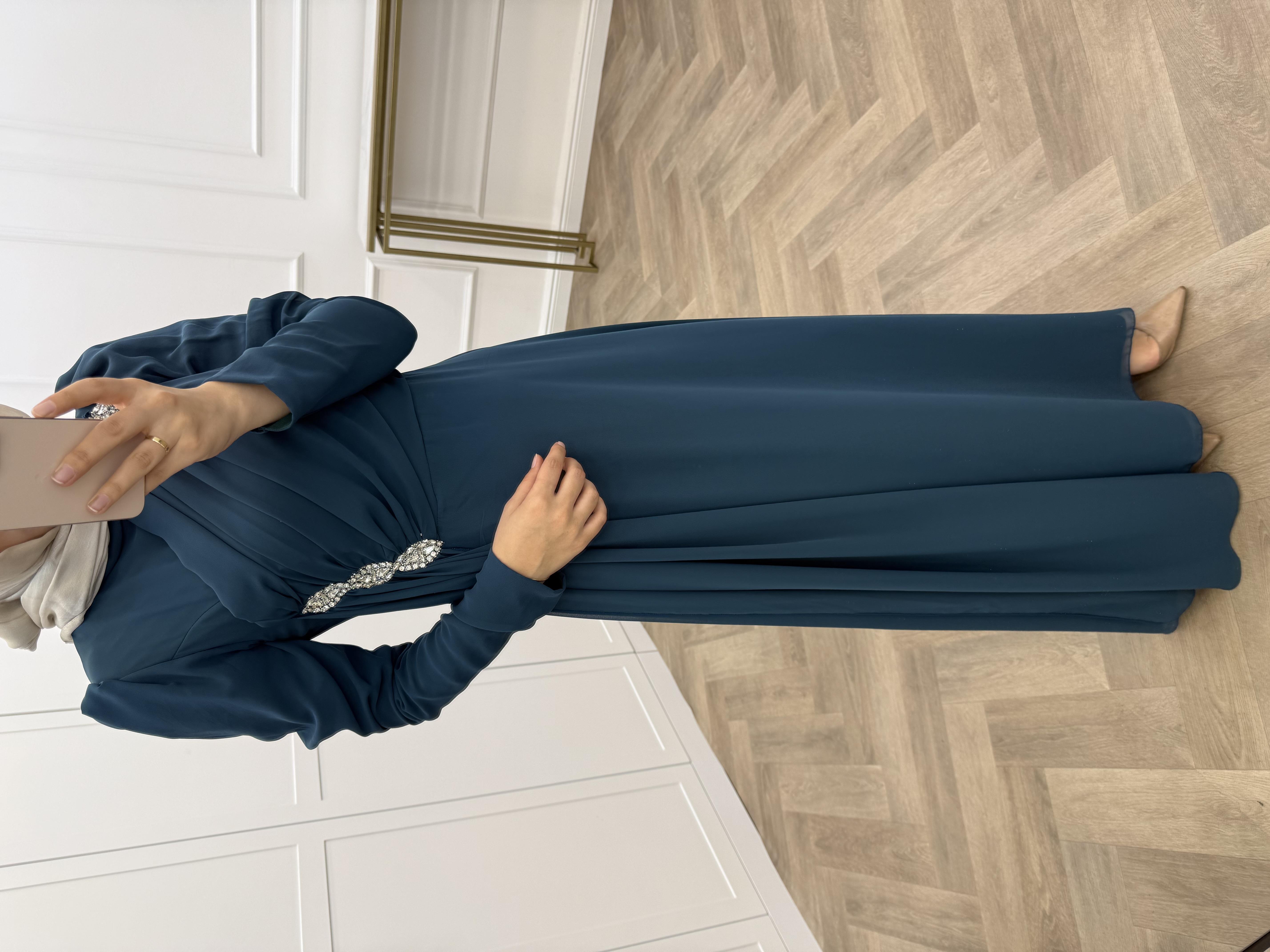 OMZU TAŞLI ŞİFON ELBİSE PETROL