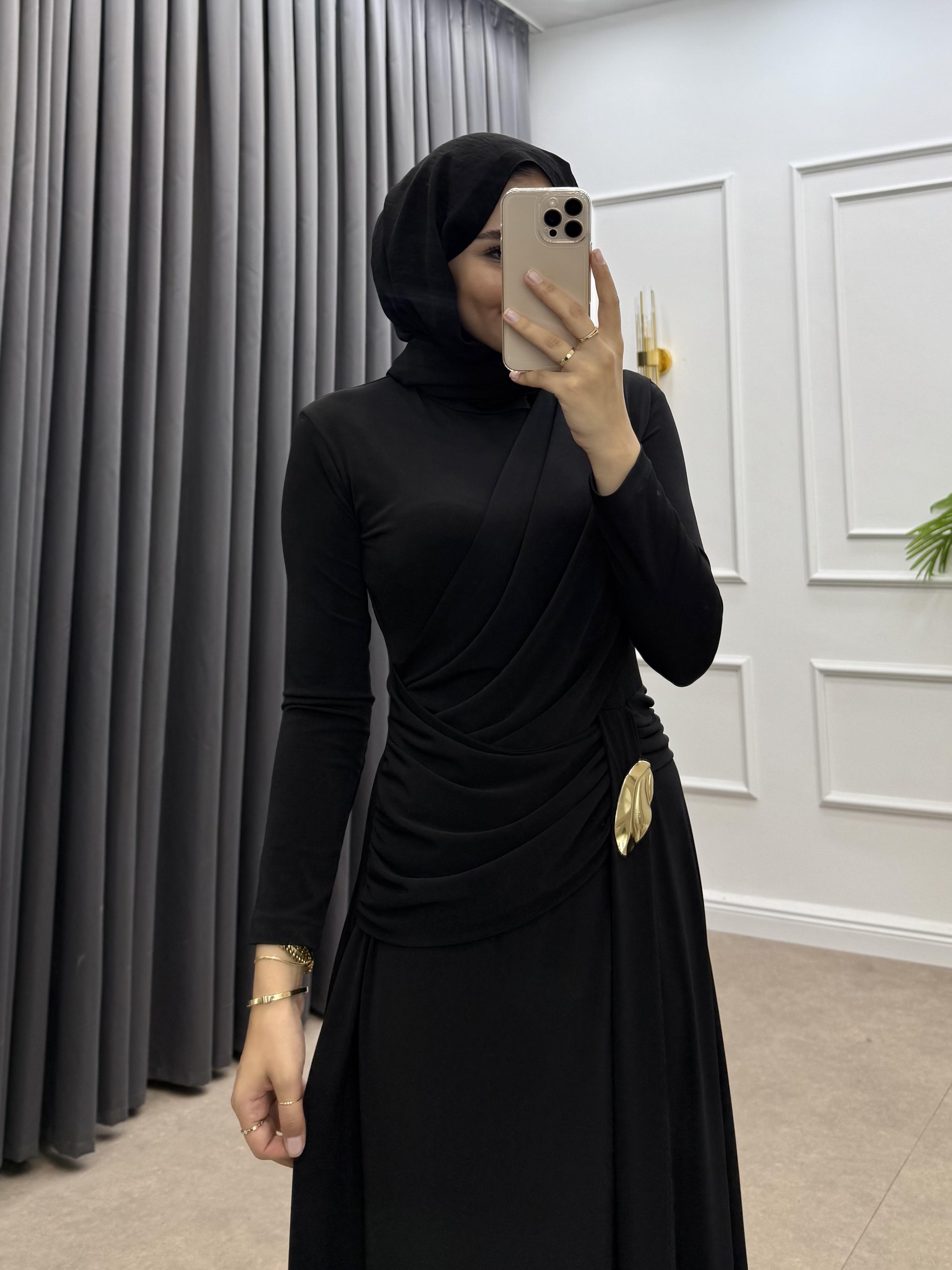 ÖN VOLANLI BEL TOKALI ELBİSE SİYAH