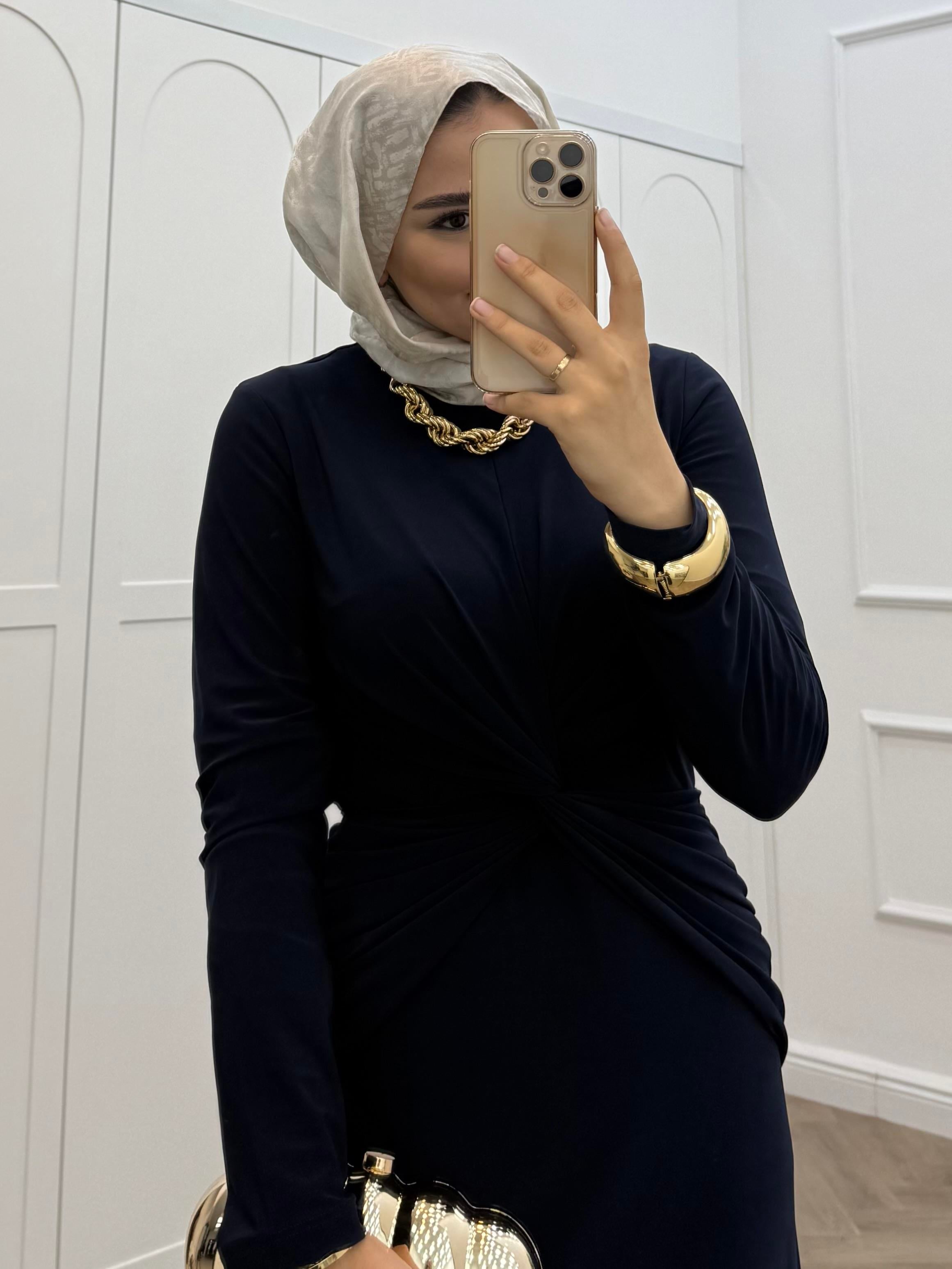 ÖNDEN BAĞLAMALI SANDY ELBİSE LACİVERT