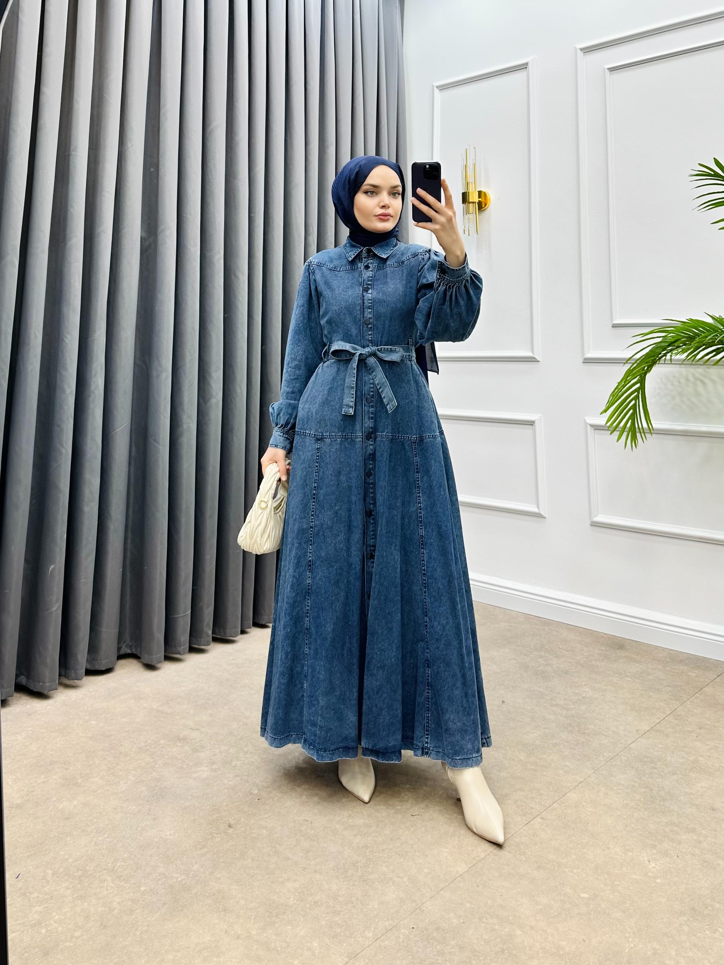 ÖNDEN DÜĞMELİ DENİM ELBİSE İNDİGO