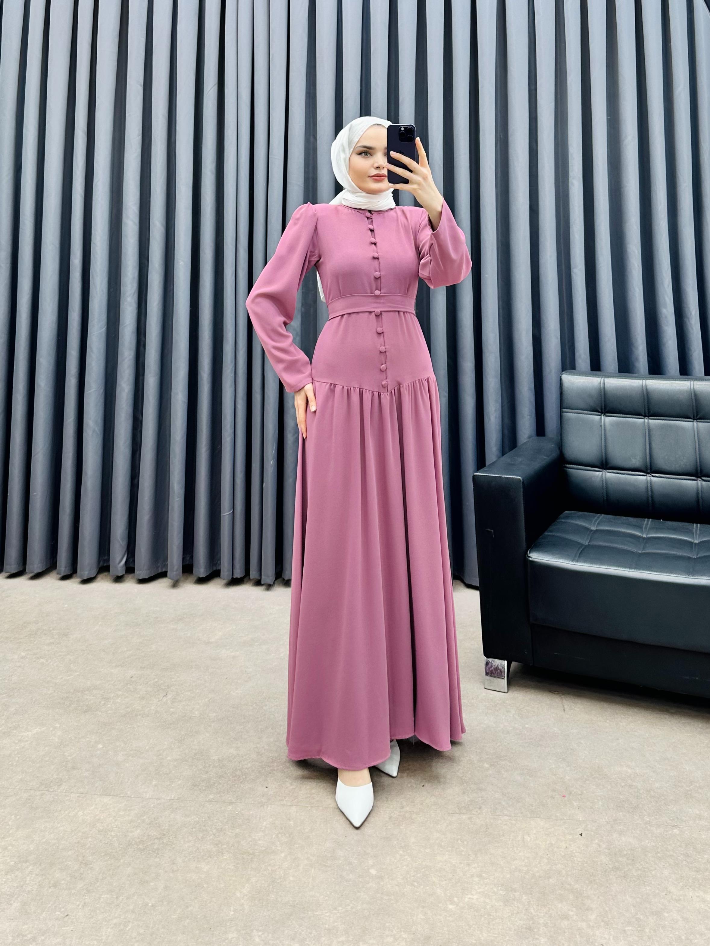 Önü Düğmeli Kemer Detaylı Elbise PUDRA