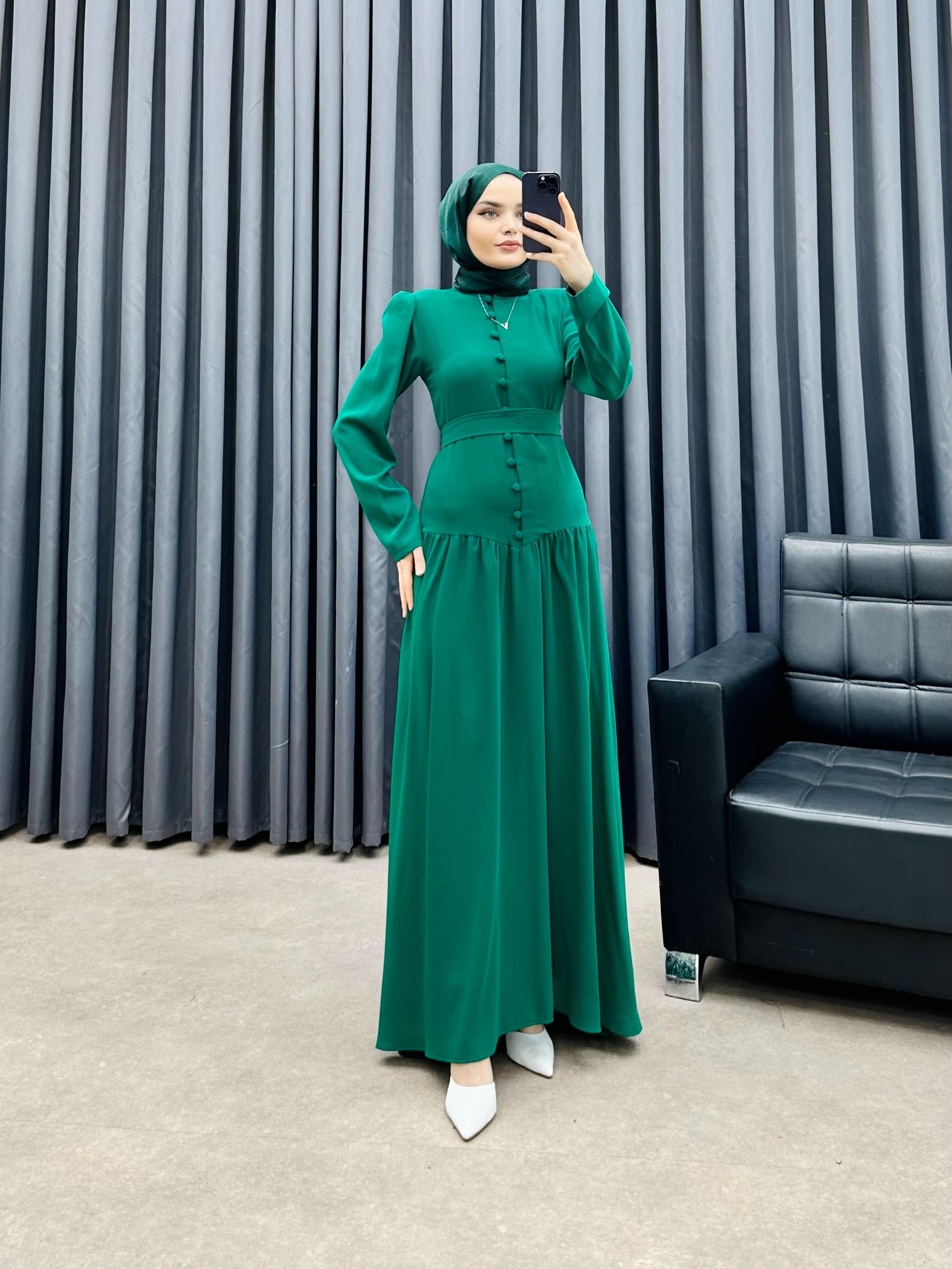 Önü Düğmeli Kemer Detaylı Elbise YEŞİL