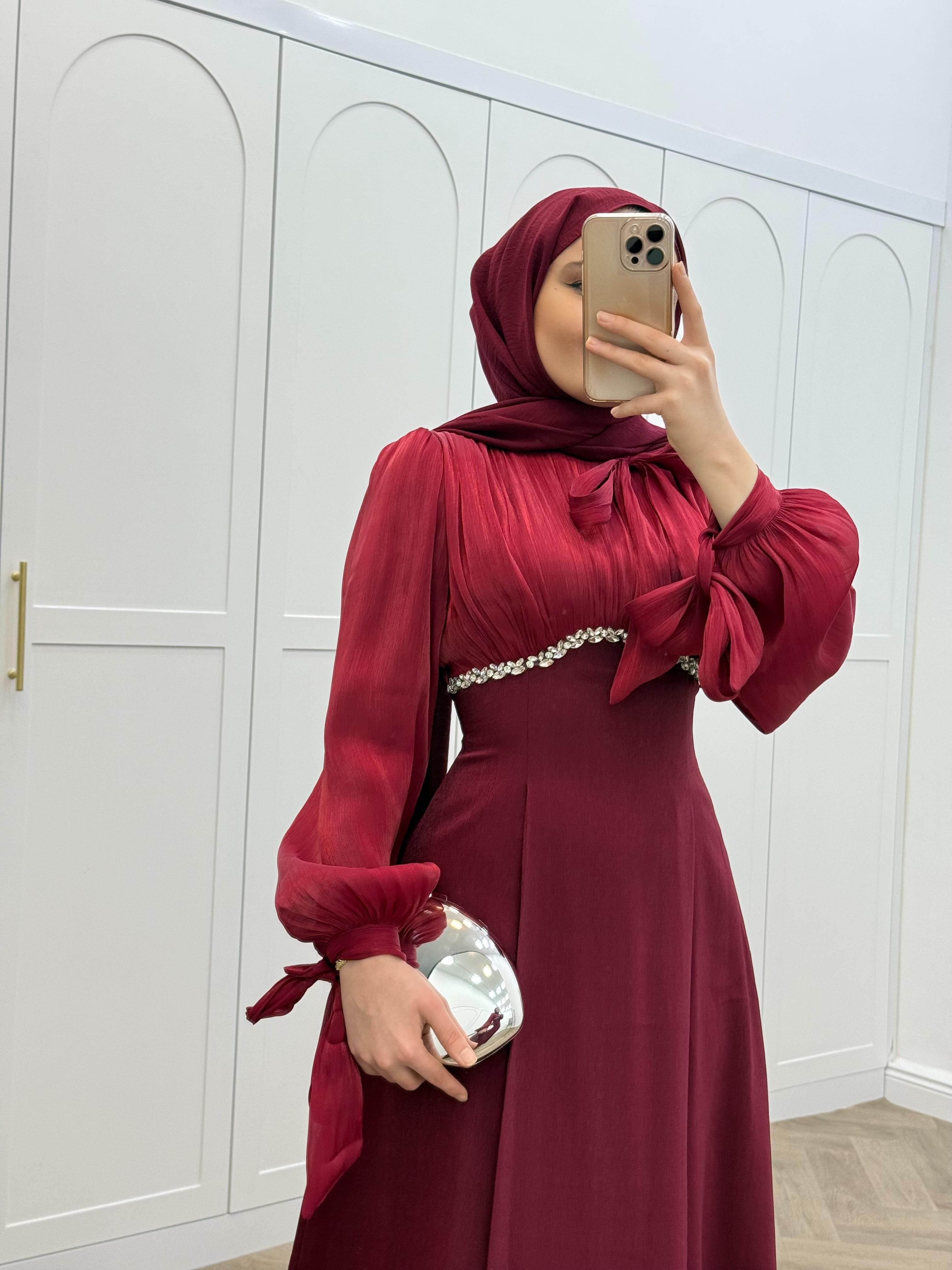 ÖNÜ TAŞLI JANJAN ABİYE BORDO