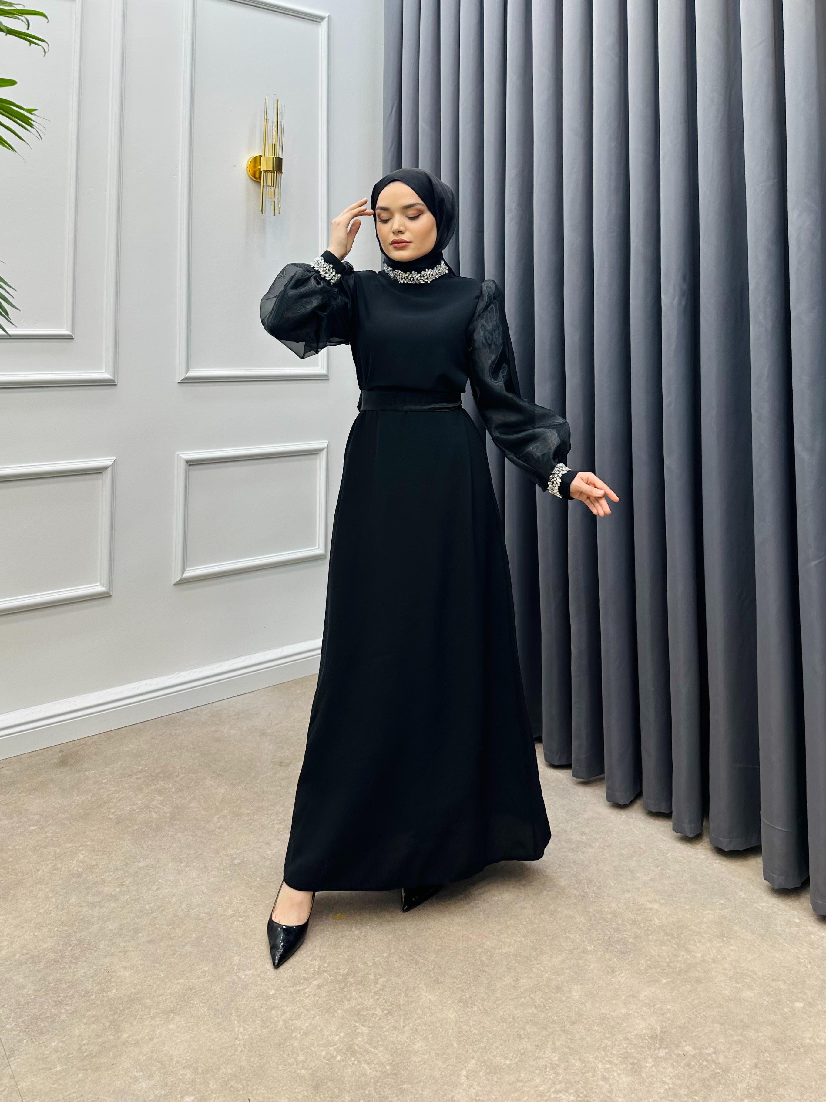 ORGANZE KOL LEYA  ABİYE SİYAH