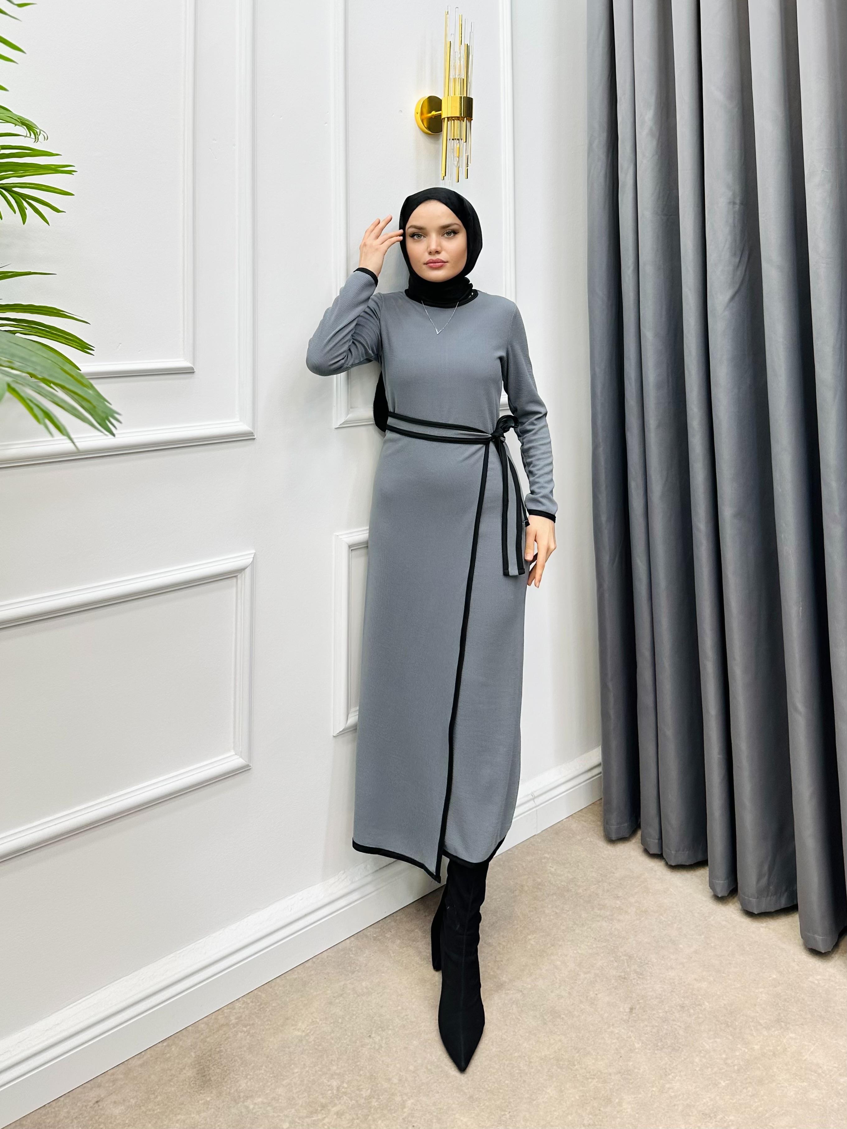 PARÇA DETAY BAĞLAMALI ELBİSE GRİ