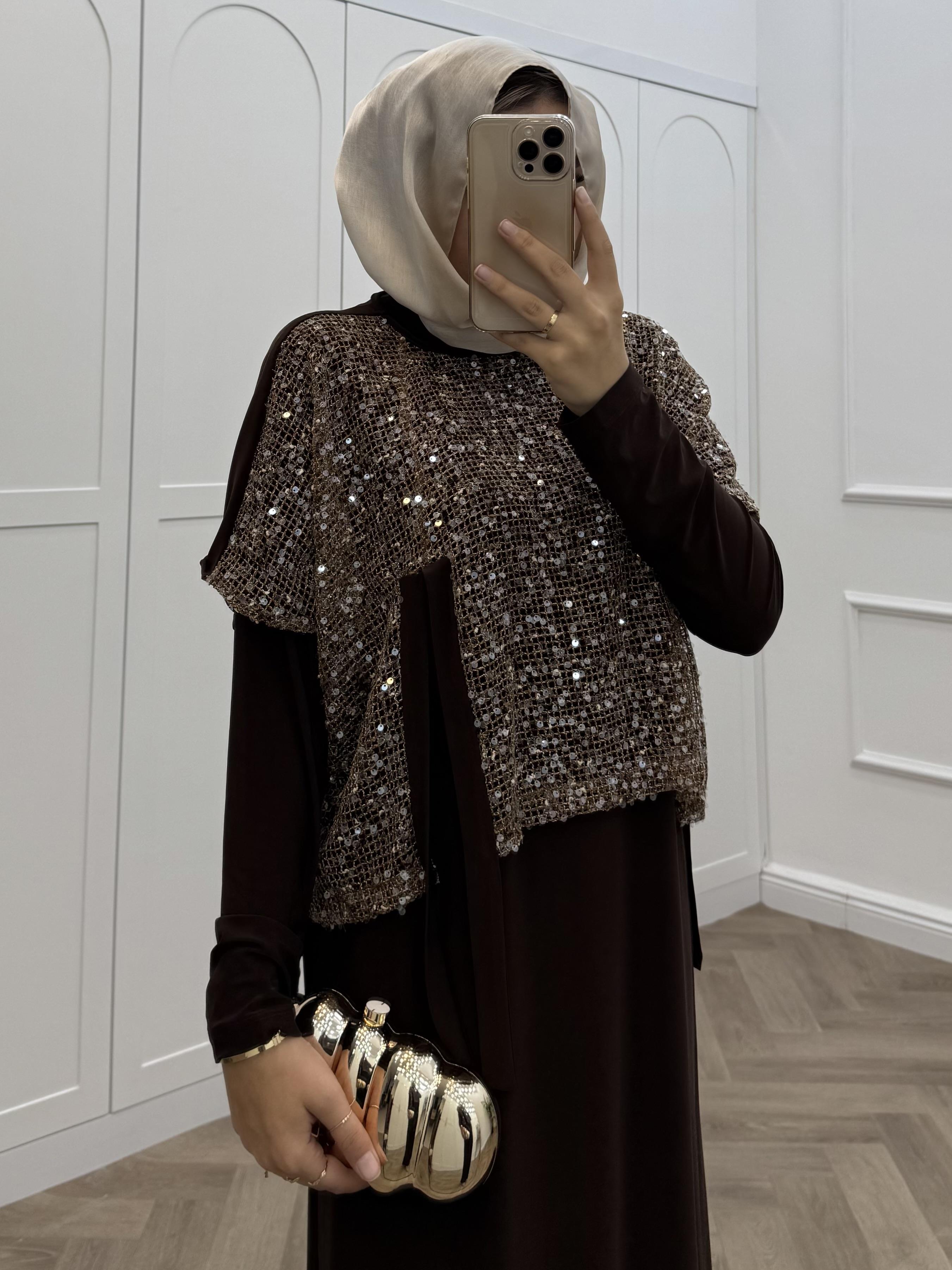 PAYETLİ İKİLİ SANDY ELBİSE ACI KAHVE