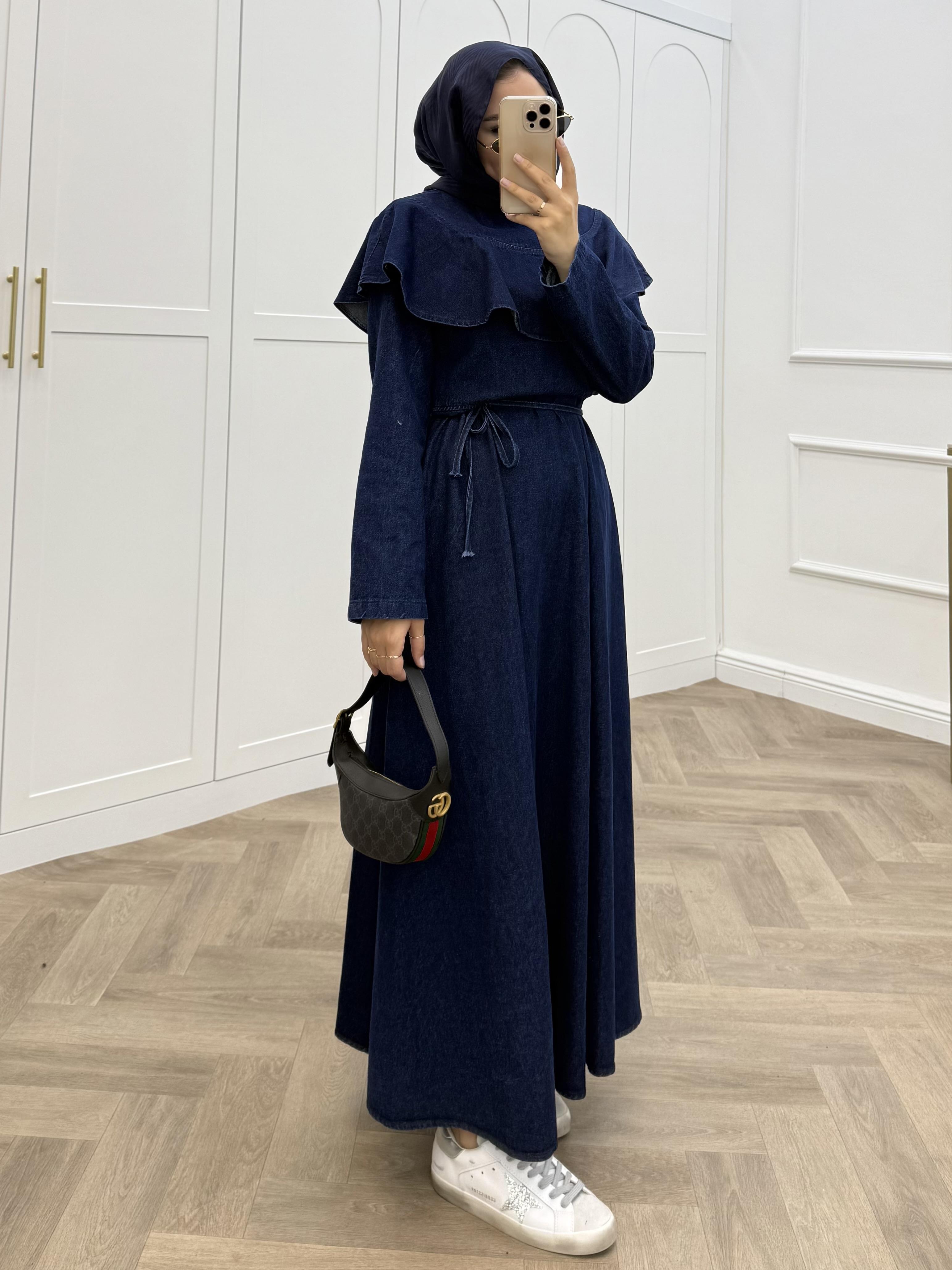 PELERİNLİ DENİM ELBİSE LACİVERT