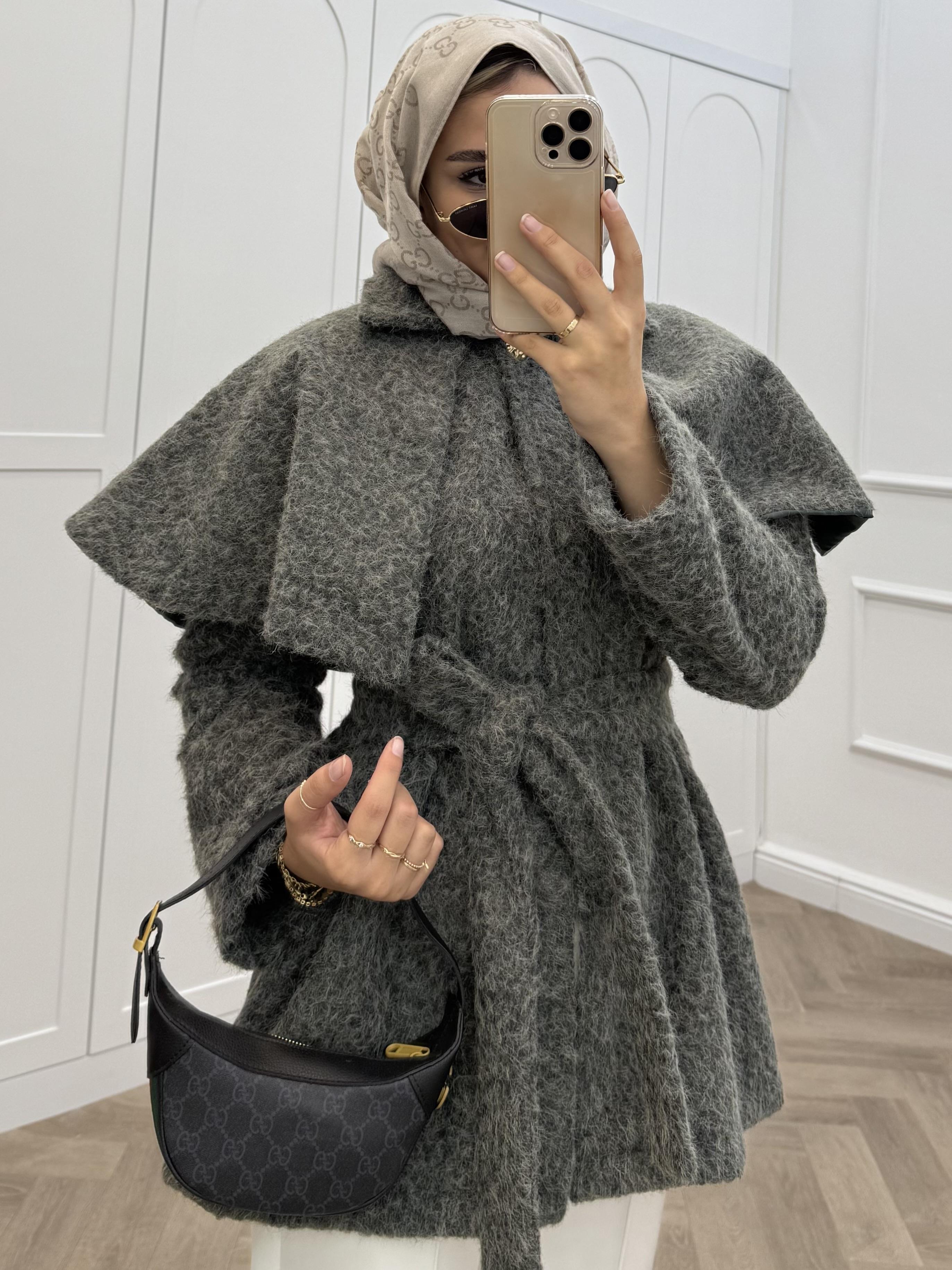 PELERİNLİ KAŞE CEKET FÜME