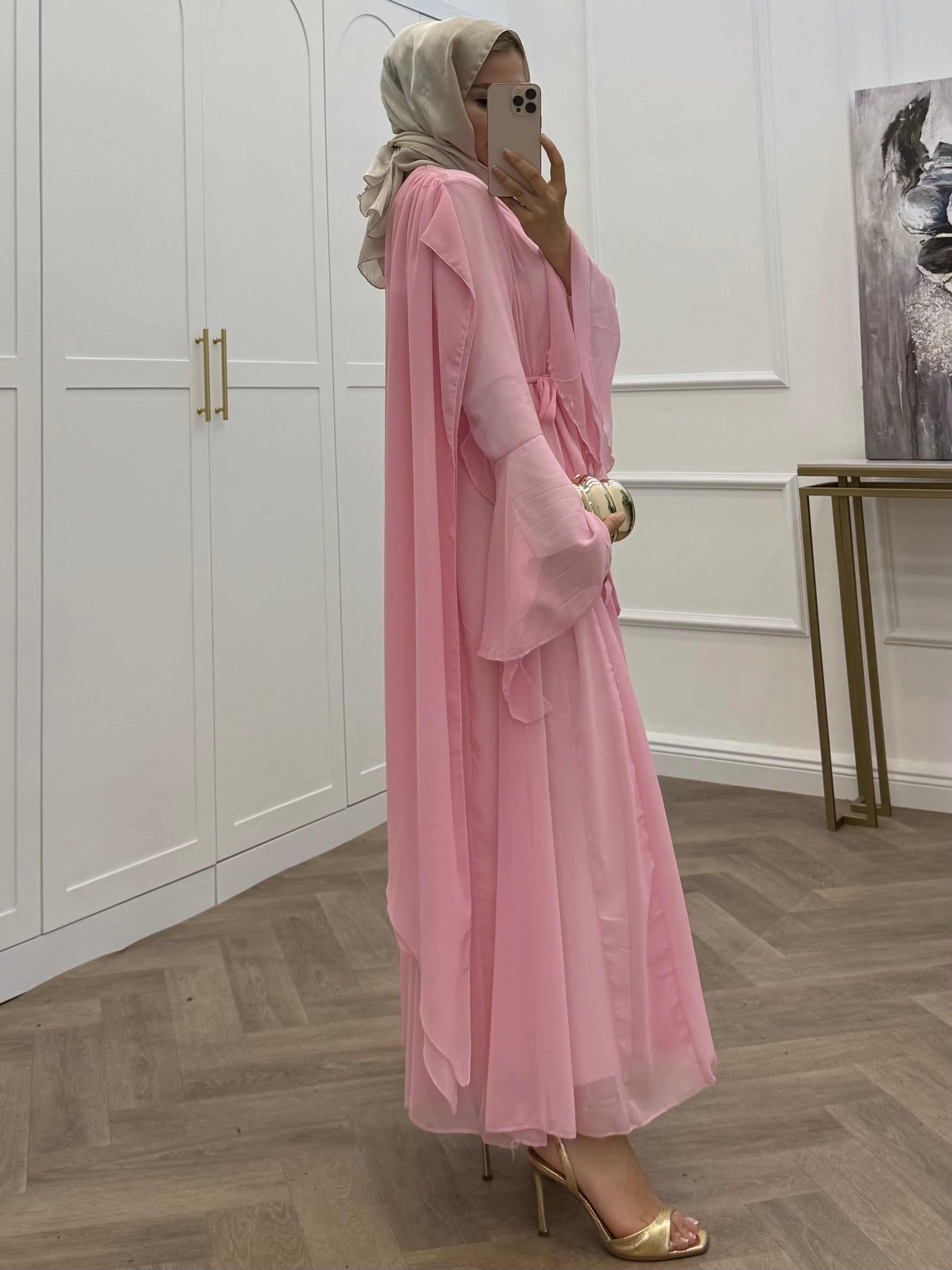 PERA ŞİFON ELBİSE PEMBE