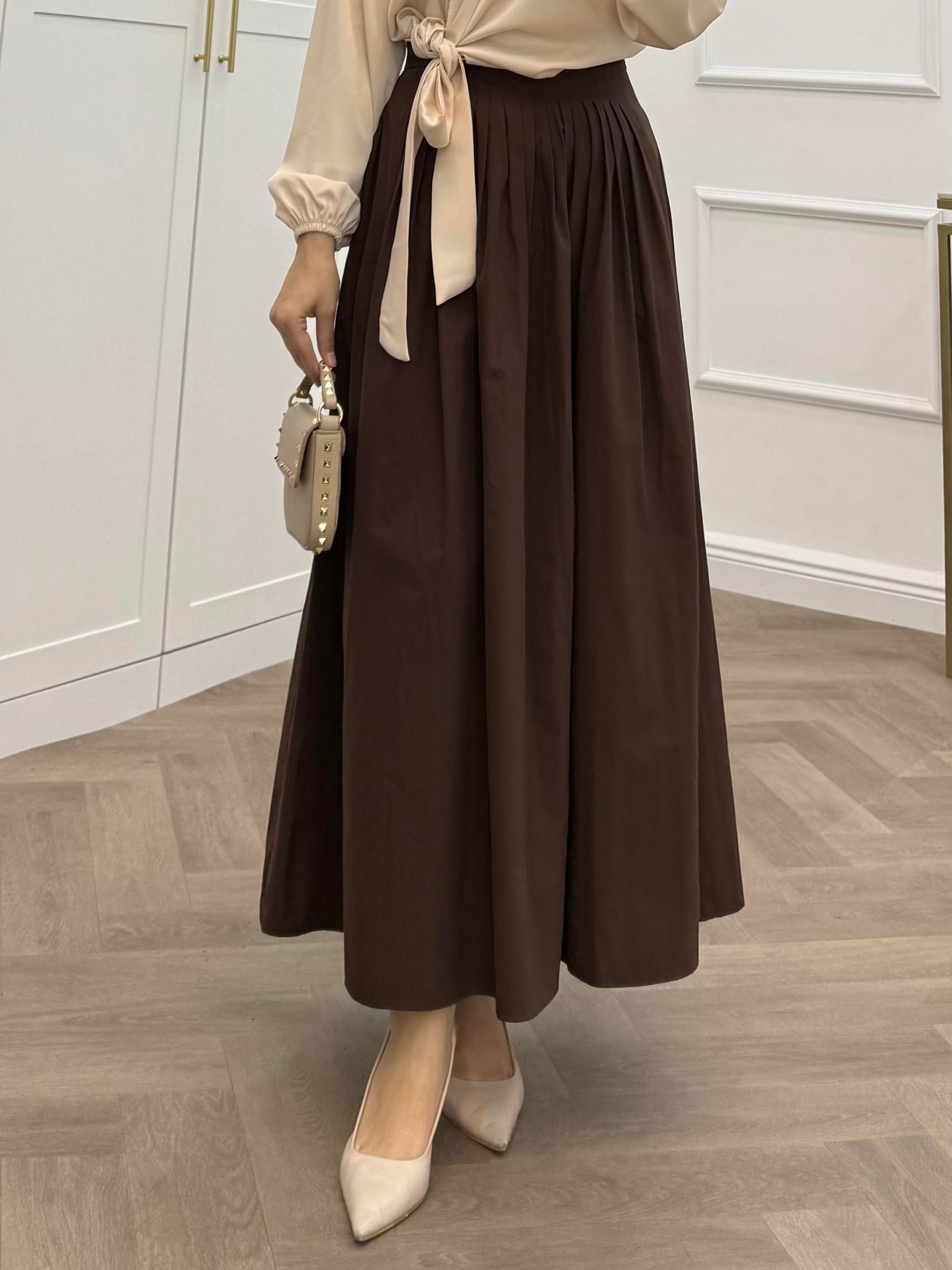 PİLE DETAYLI POPLİN ETEK KAHVE