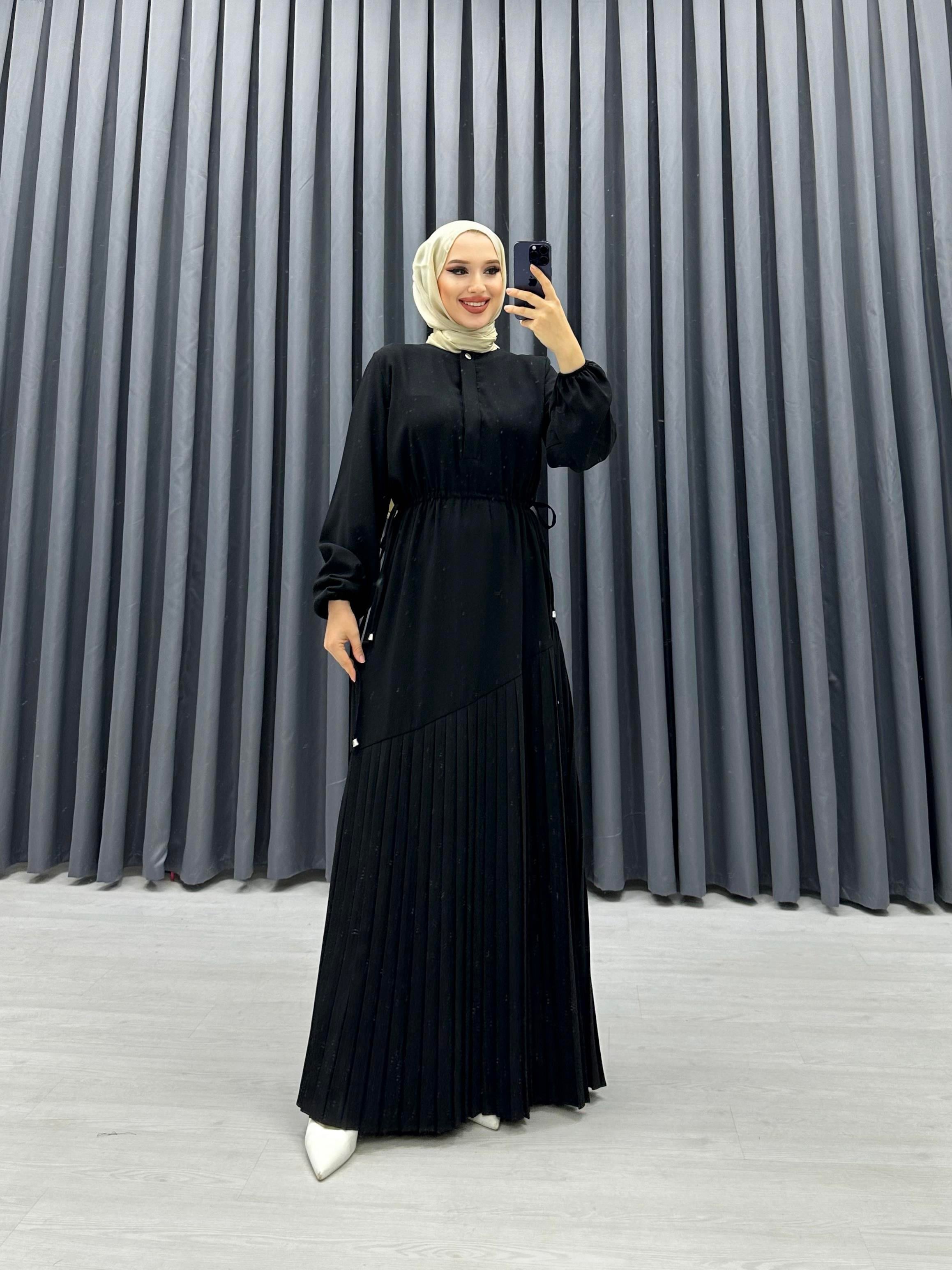 PLİSE DETAYLI ELBİSE SİYAH