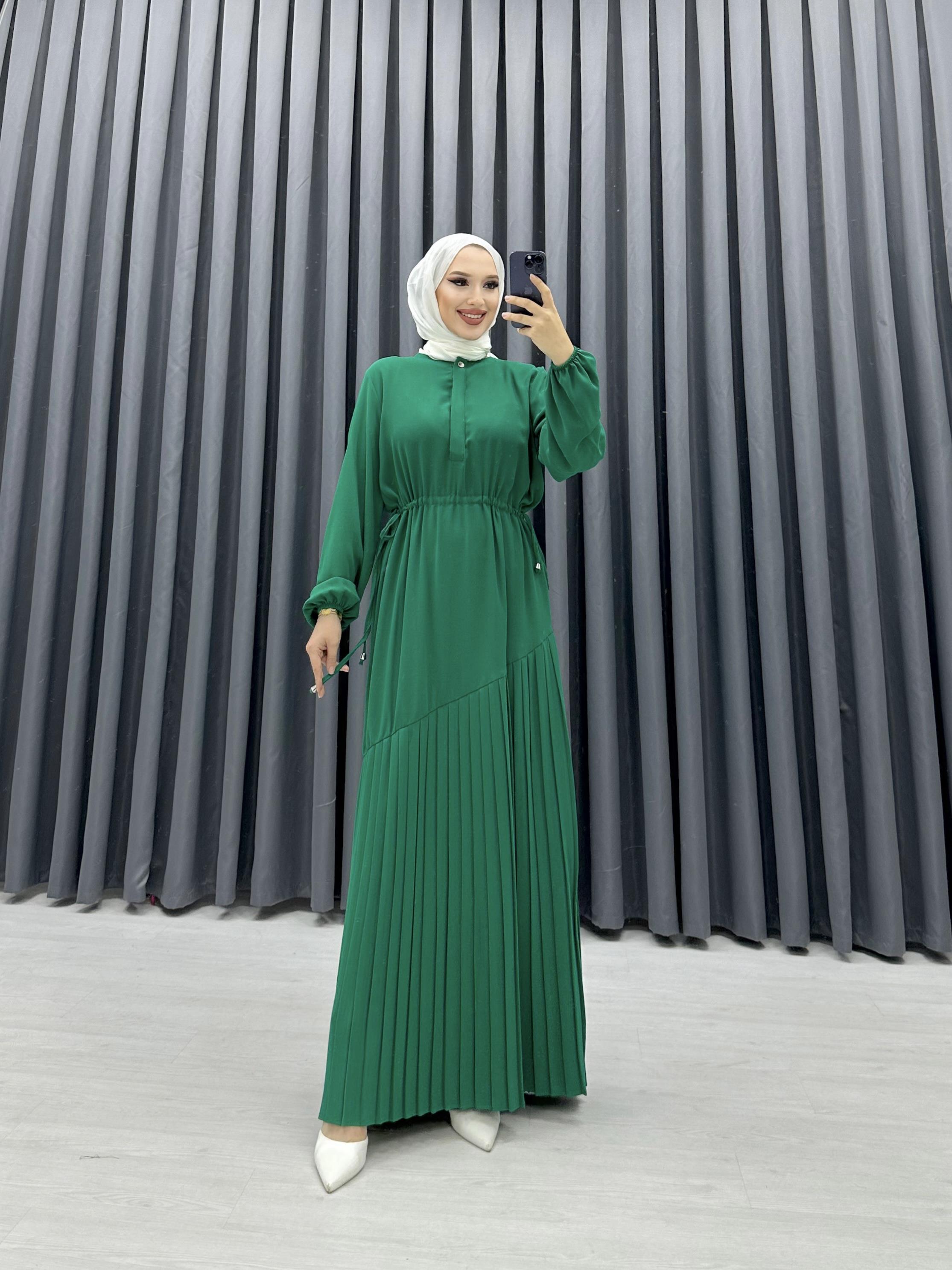 PLİSE DETAYLI ELBİSE YEŞİL