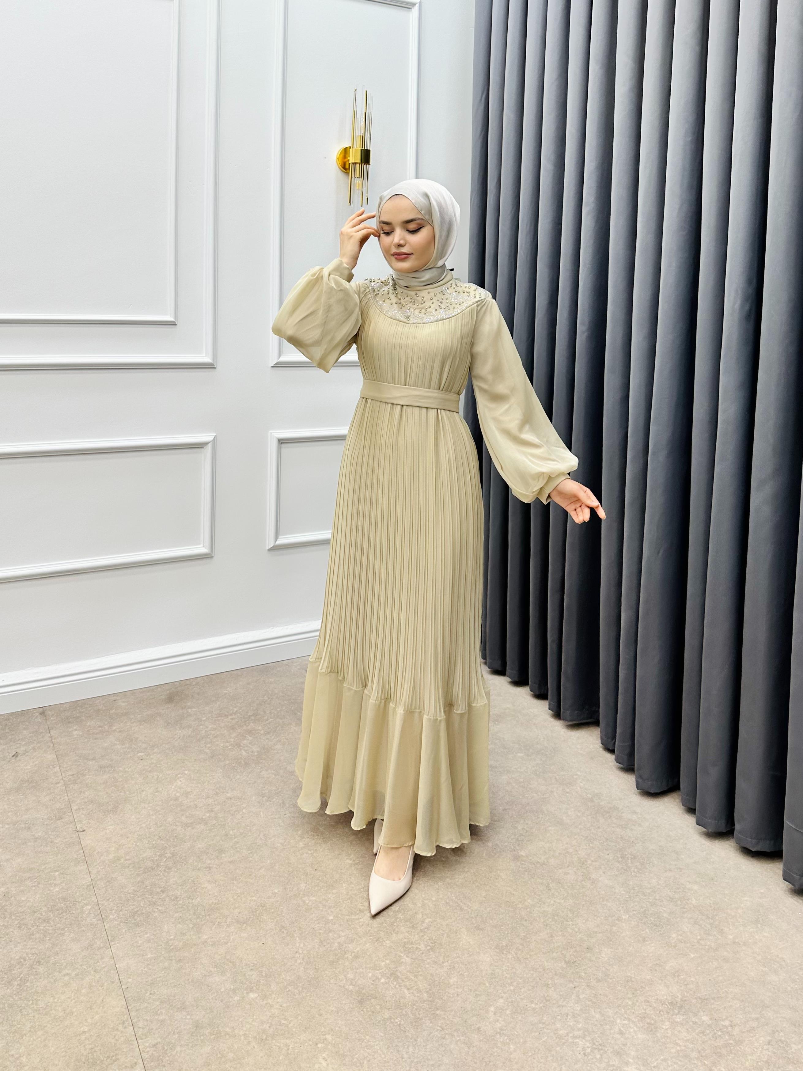 PLİSE JANJAN TAŞLI ABİYE KREM