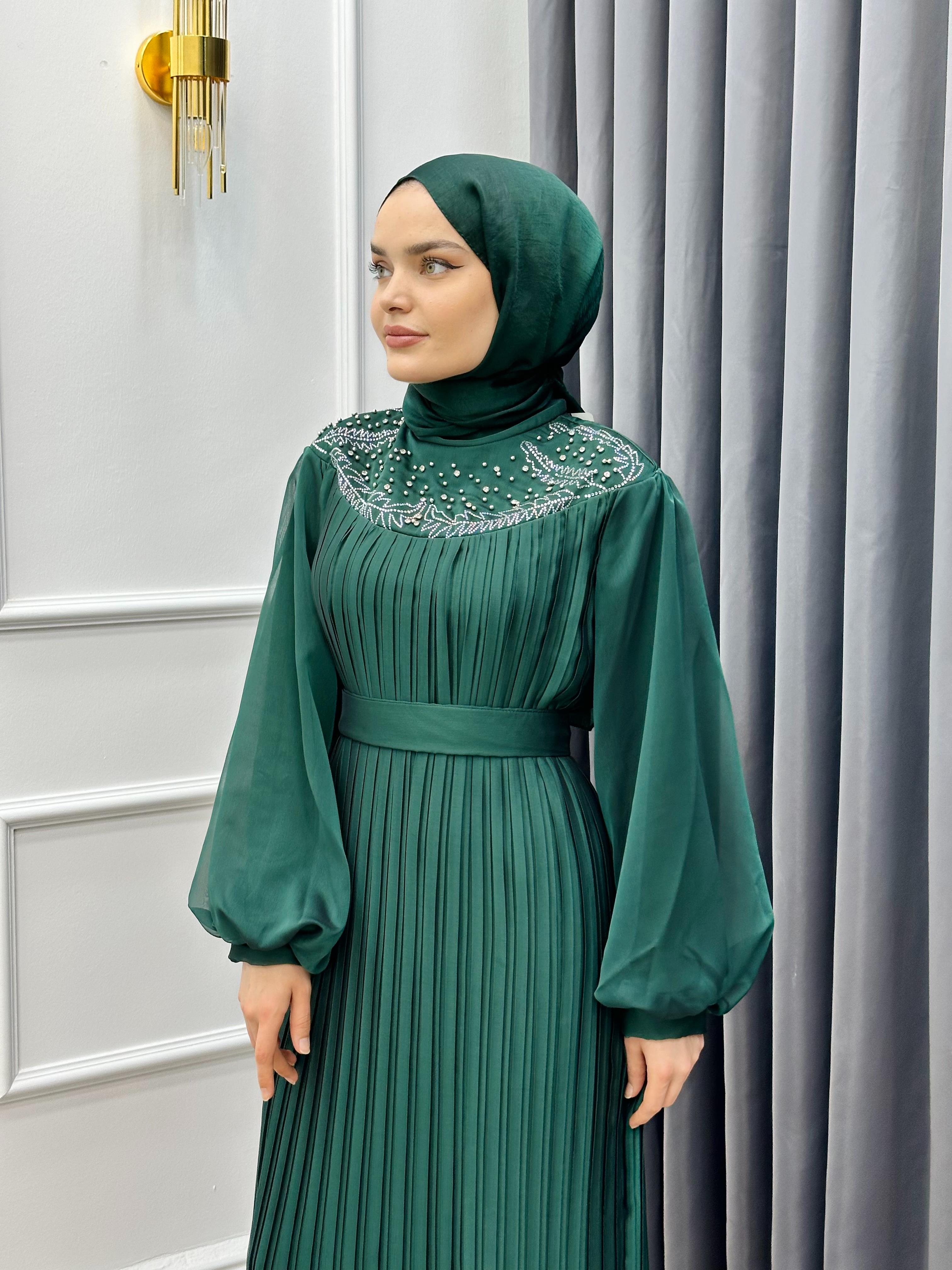 PLİSE JANJAN TAŞLI ABİYE ZÜMRÜT