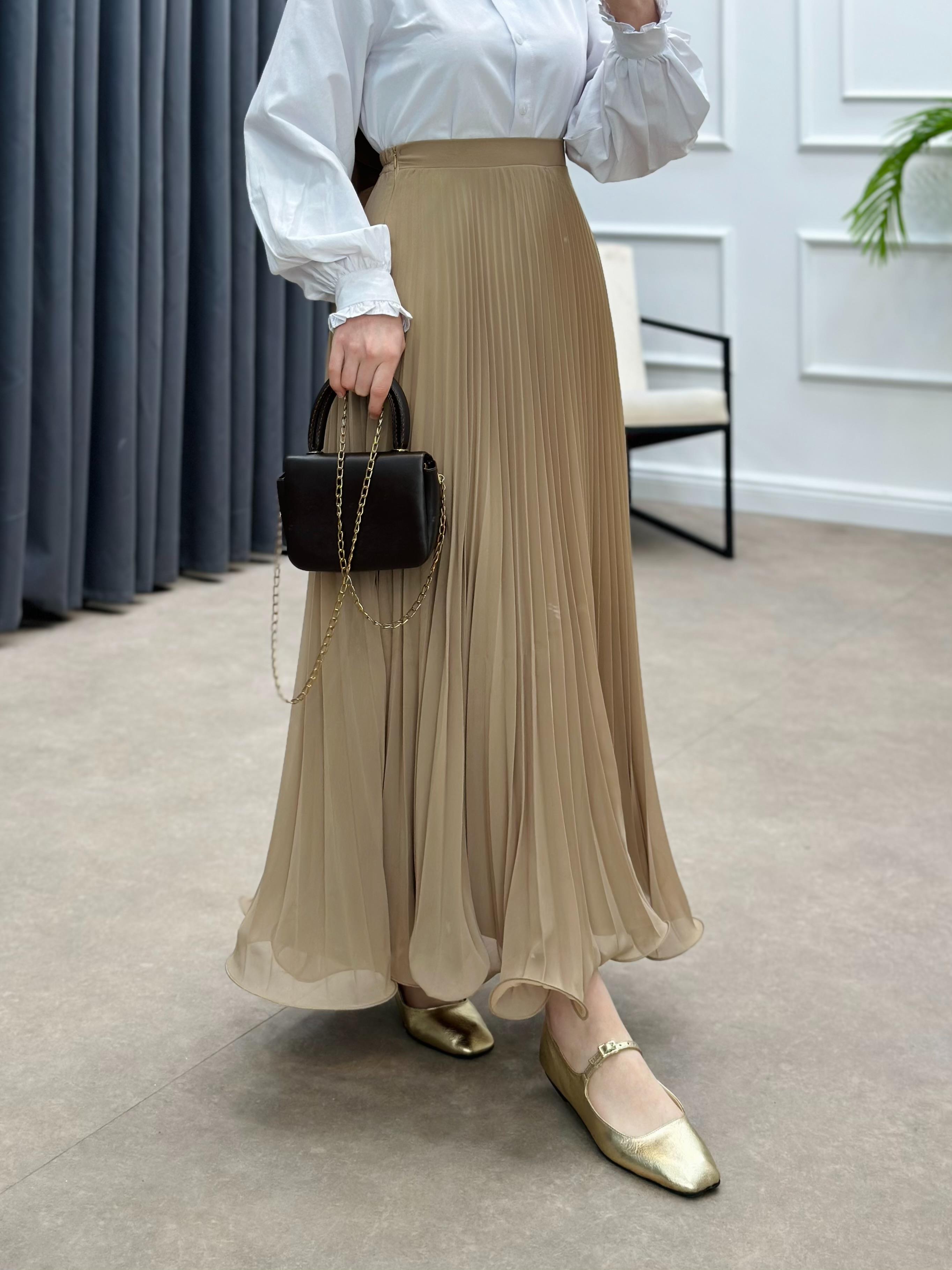 PLİSELİ ŞİFON ETEK  BEJ