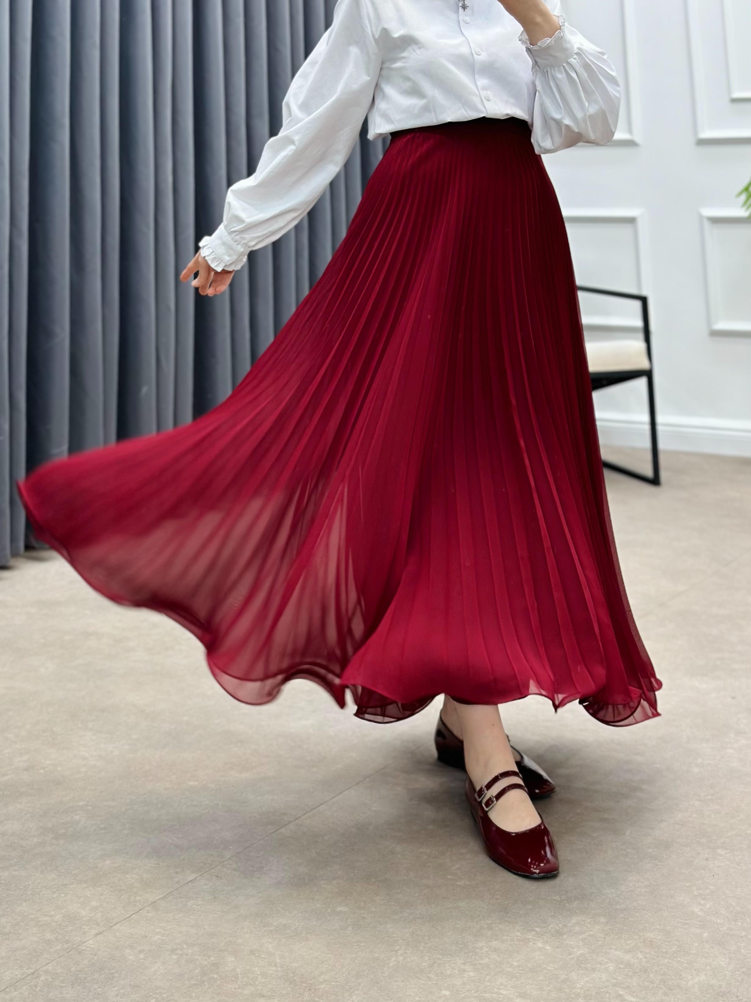 PLİSELİ ŞİFON ETEK BORDO