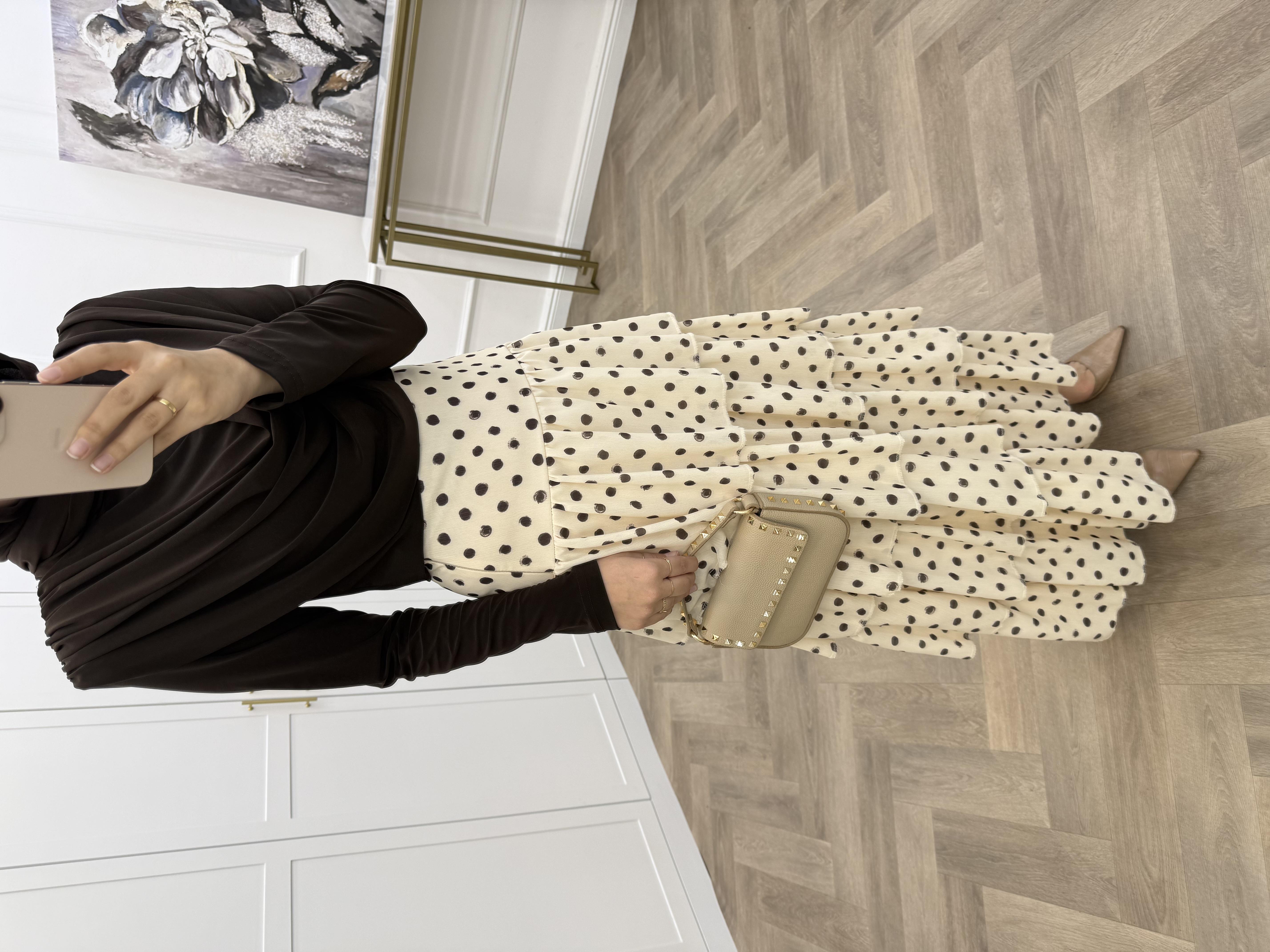 PUANTİYELİ KATLI ŞİFON ETEK BEJ