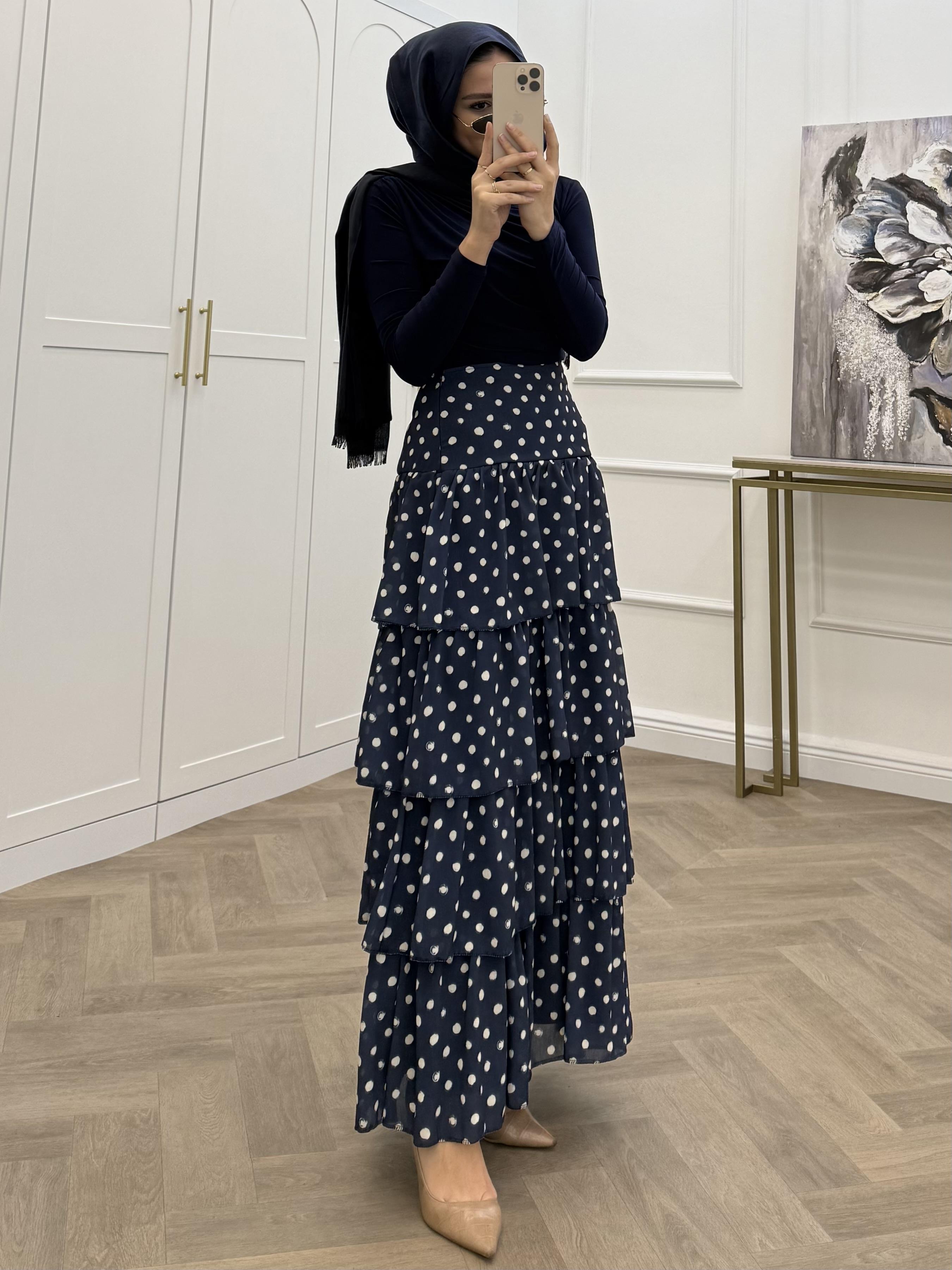 PUANTİYELİ KATLI ŞİFON ETEK LACİVERT