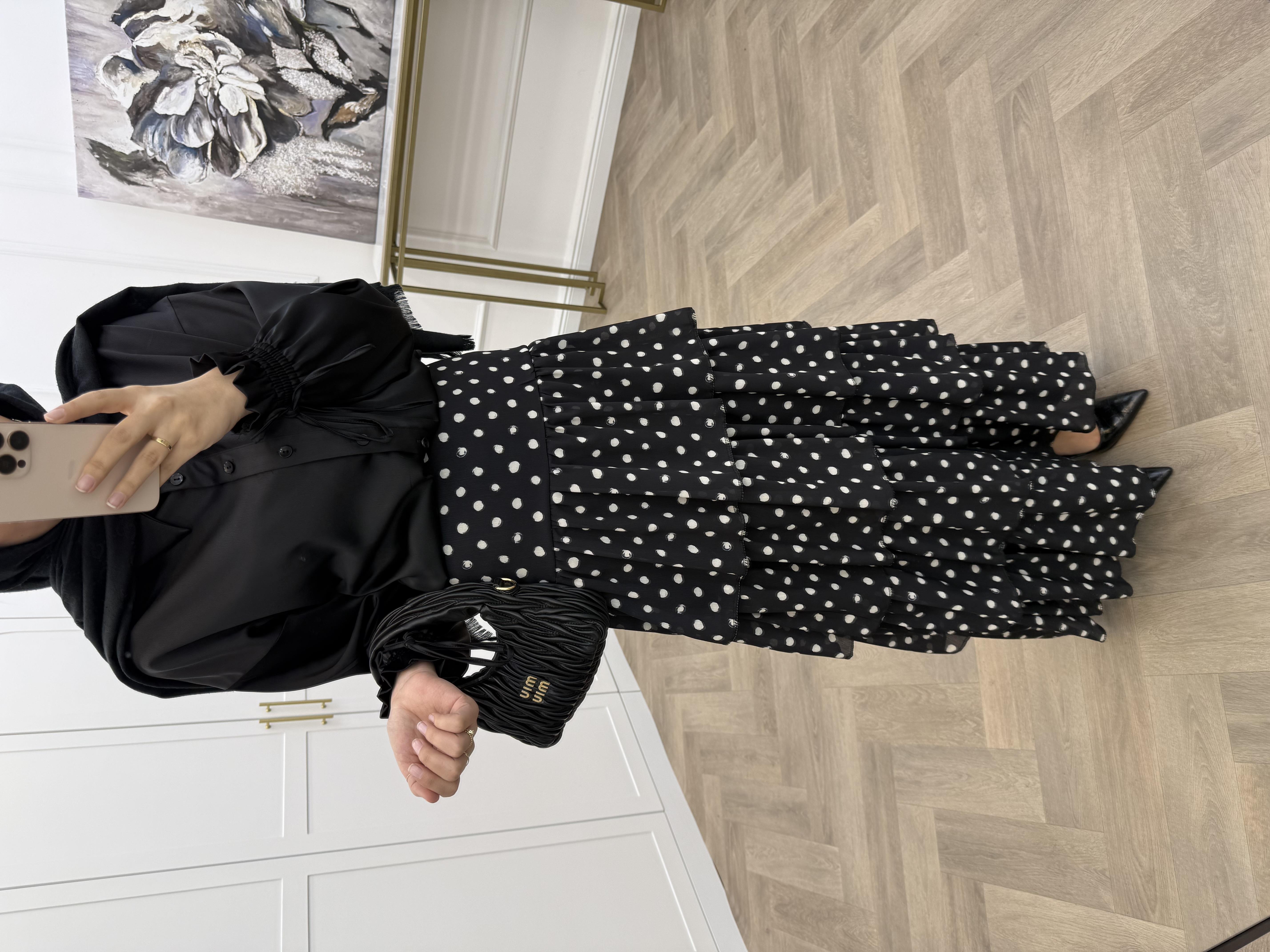 PUANTİYELİ KATLI ŞİFON ETEK SİYAH