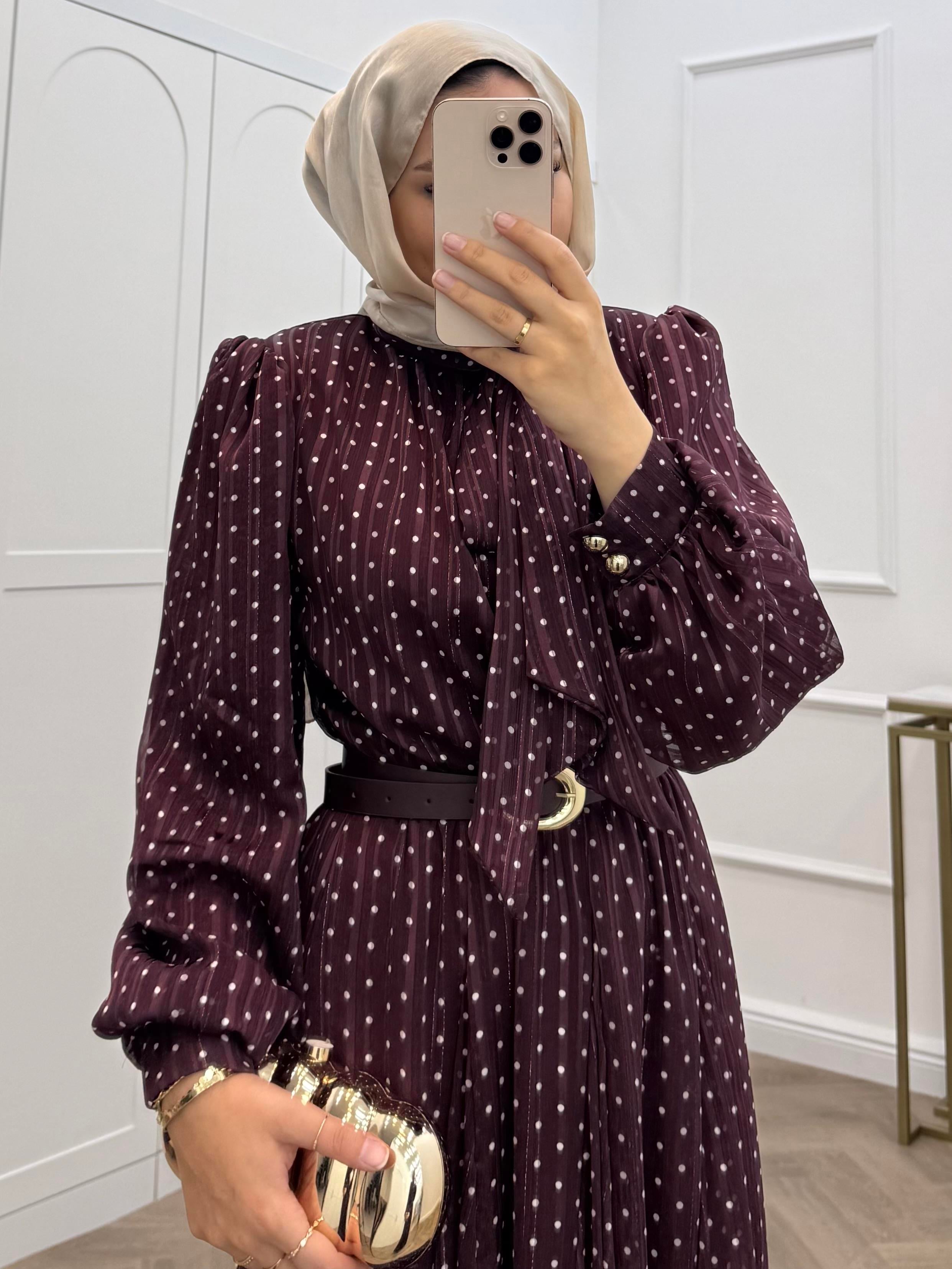 PUANTİYELİ ORGANZE ŞİFON ELBİSE BORDO