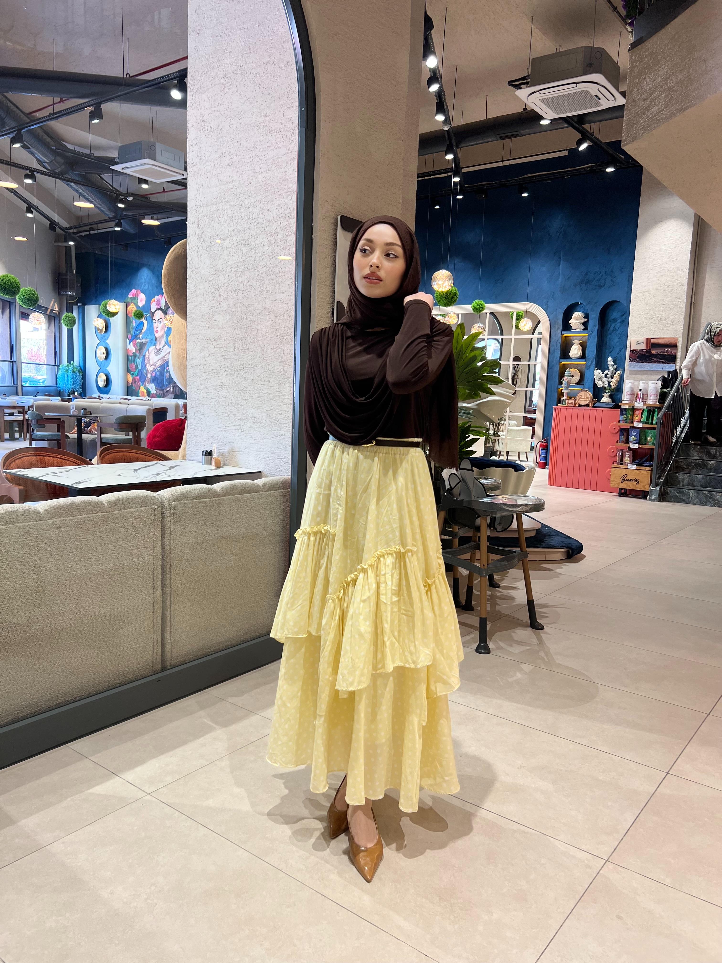 PUANTİYELİ POPLİN ETEK SARI