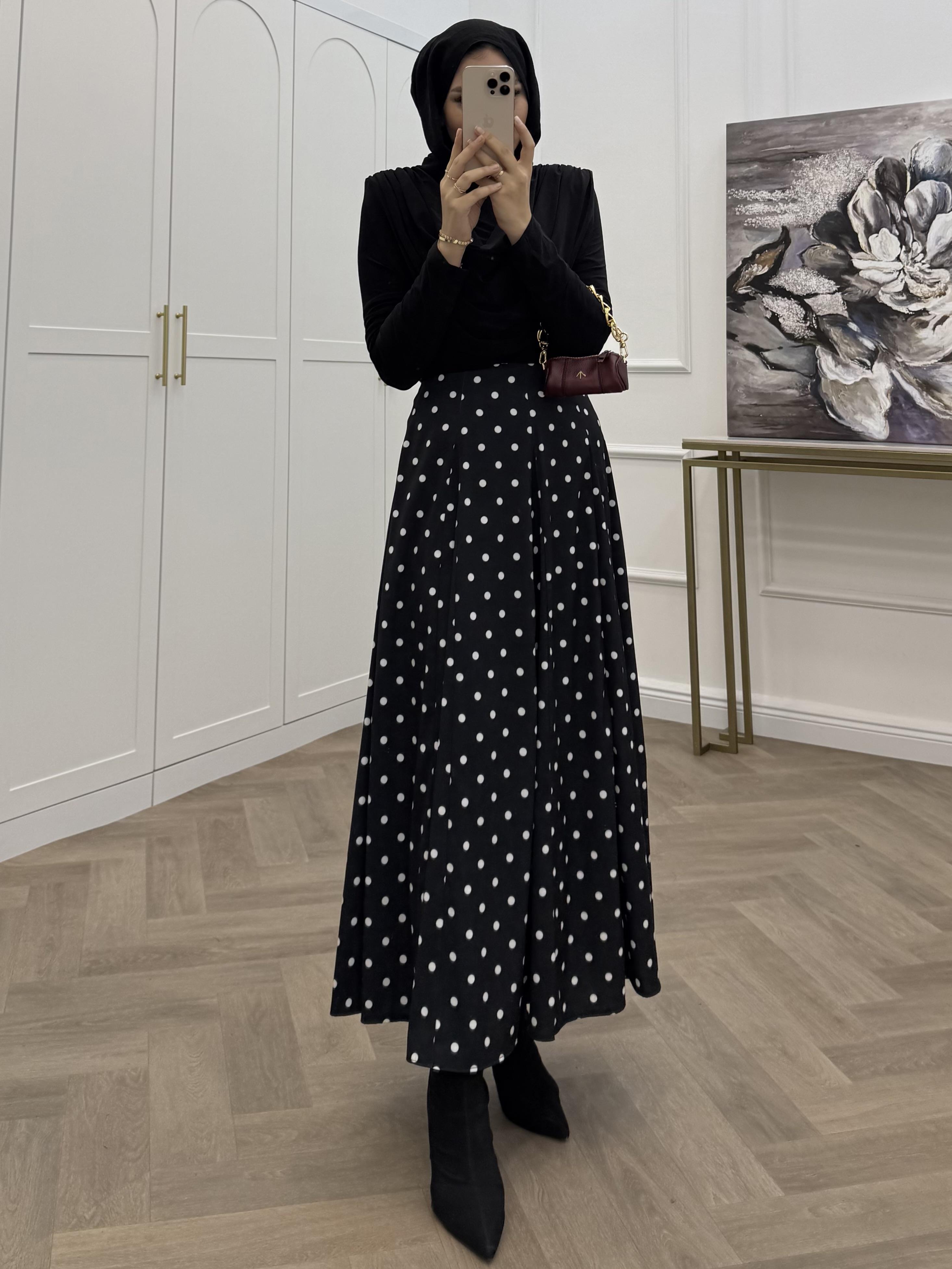 PUANTİYELİ POPLİN ETEK SİYAH