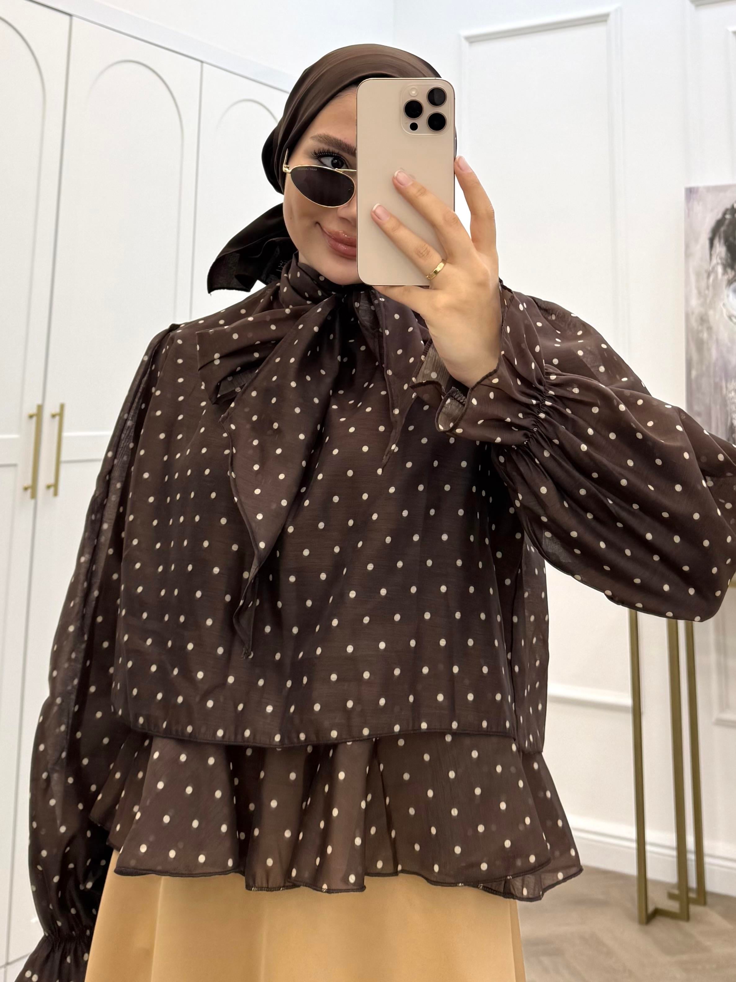 PUANTİYELİ ŞİFON BLUZ KAHVE 