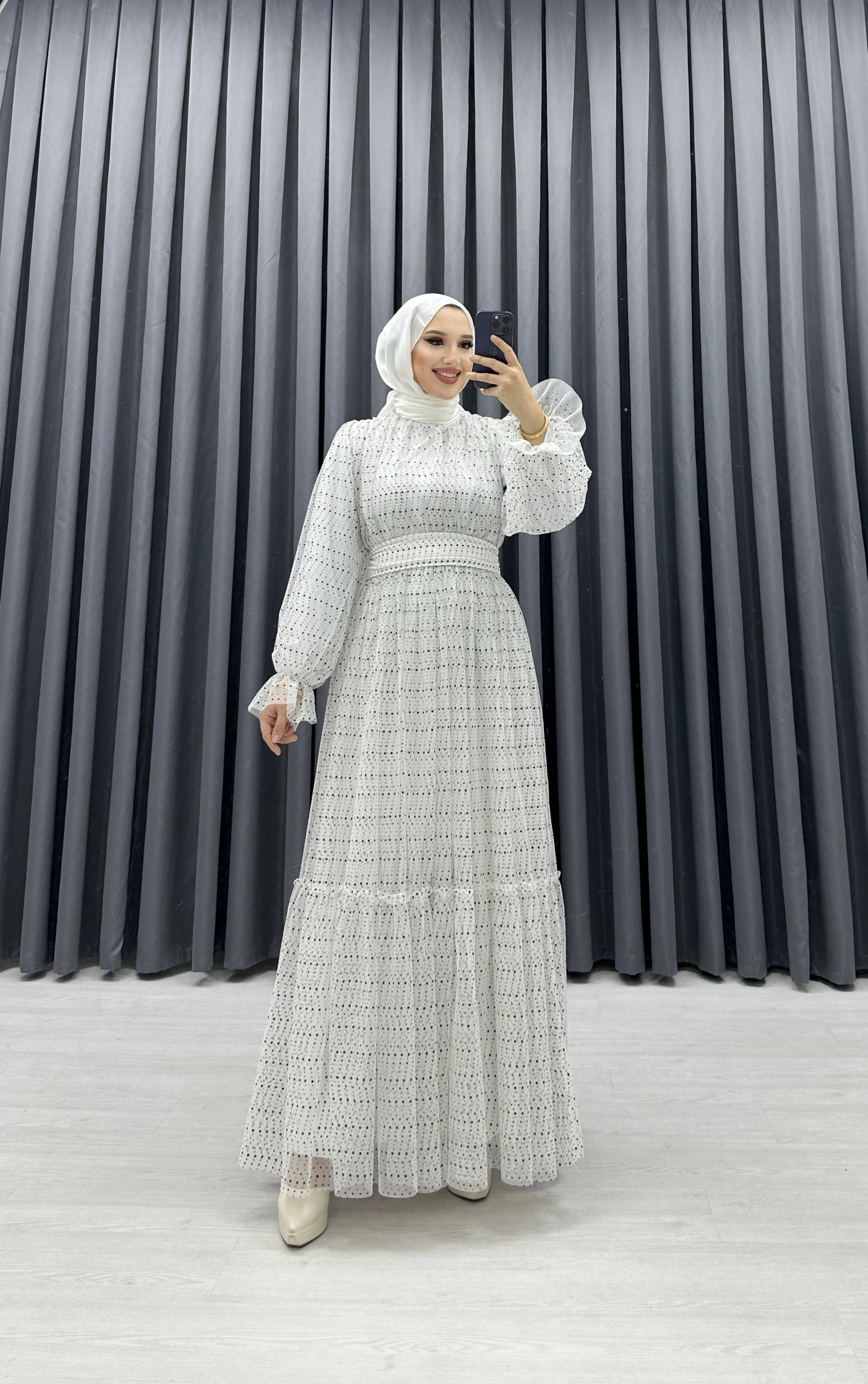 PUL PAYET DESENLİ TÜL ELBİSE BEYAZ