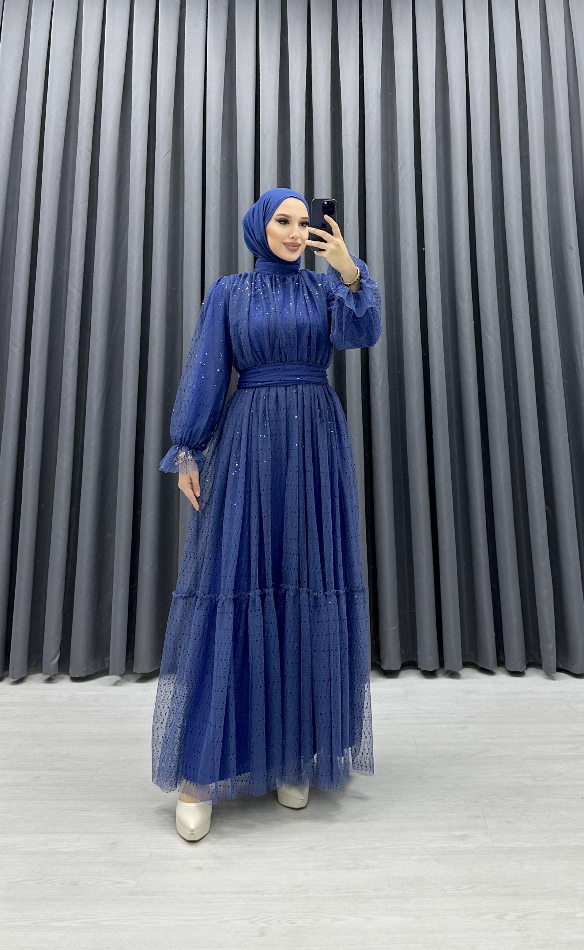 PUL PAYET DESENLİ TÜL ELBİSE SAKS