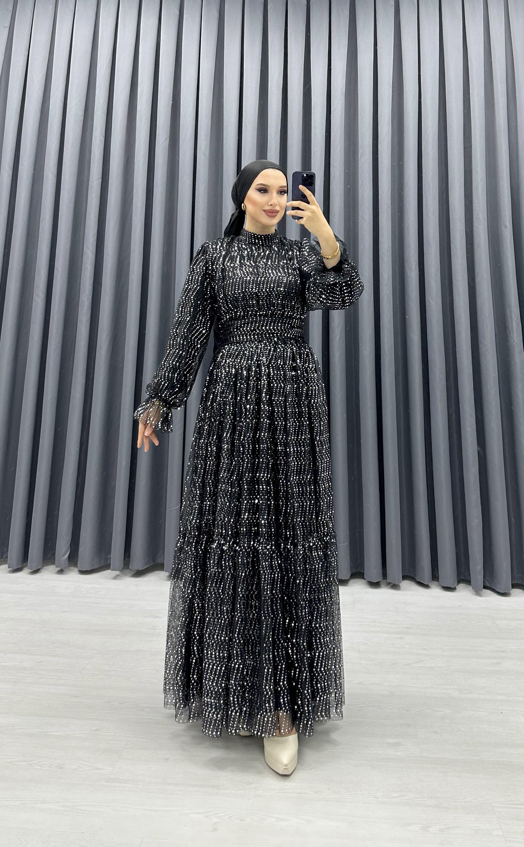 PUL PAYET DESENLİ TÜL ELBİSE SİYAH