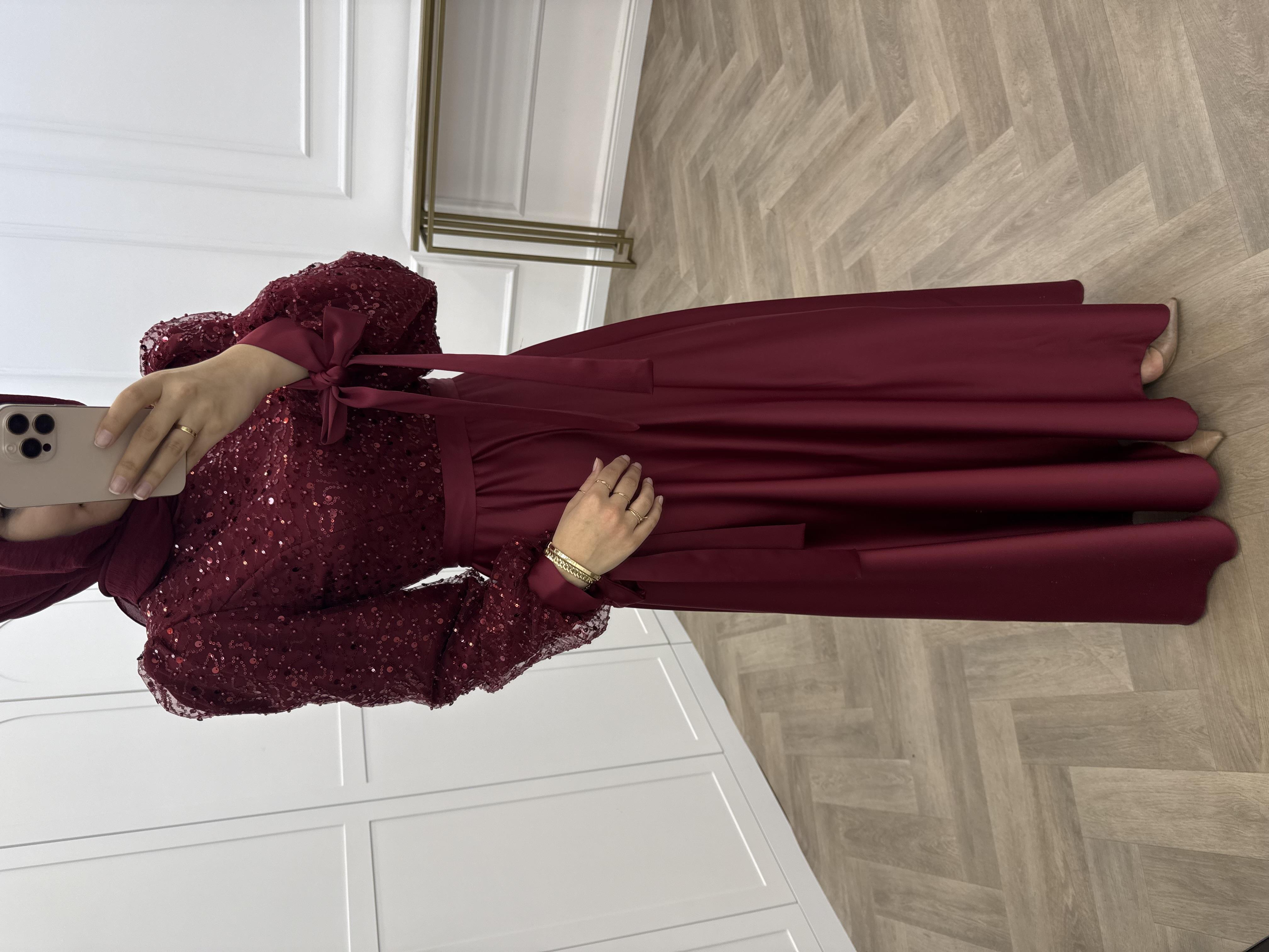 PULLU SATEN ABİYE ELBİSE BORDO