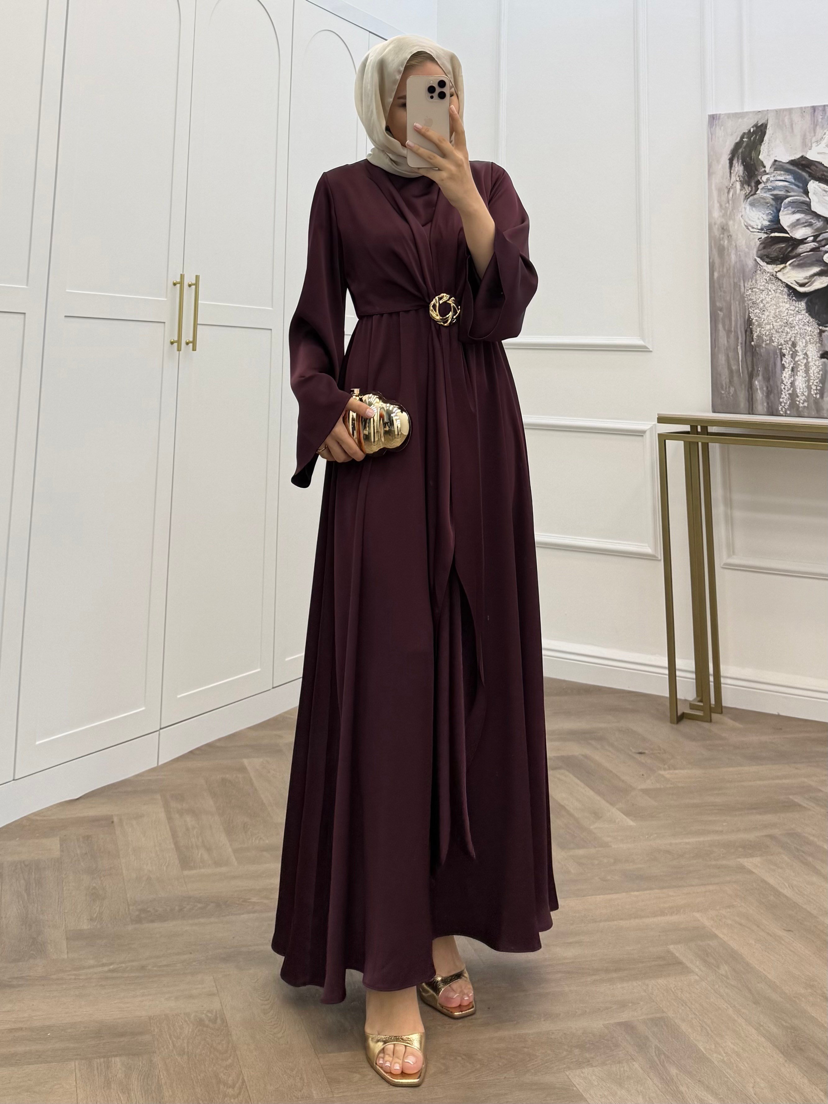 RABİ GOLD TOKALI SATEN ELBİSE BORDO