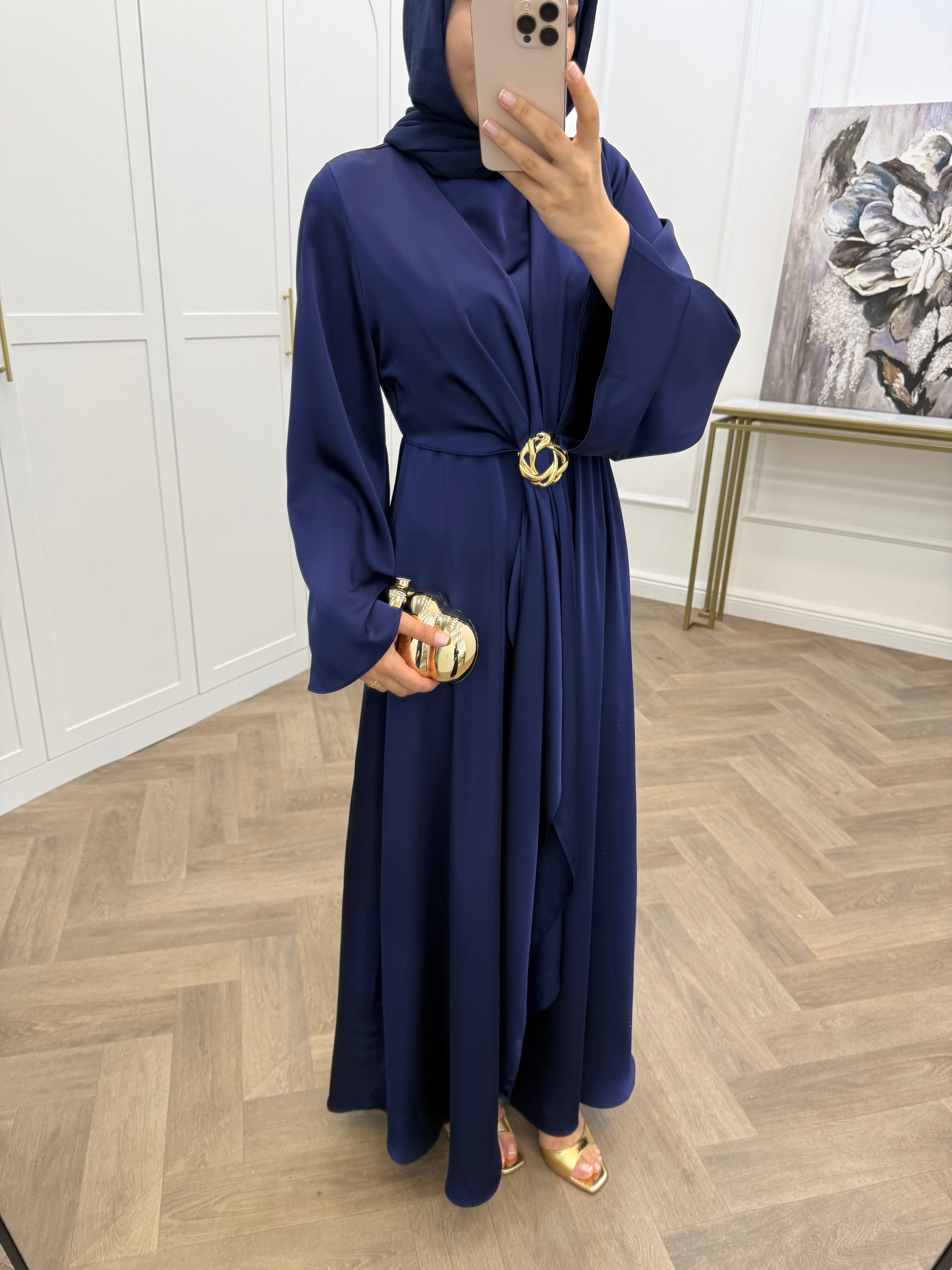 RABİ GOLD TOKALI SATEN ELBİSE LACİVERT