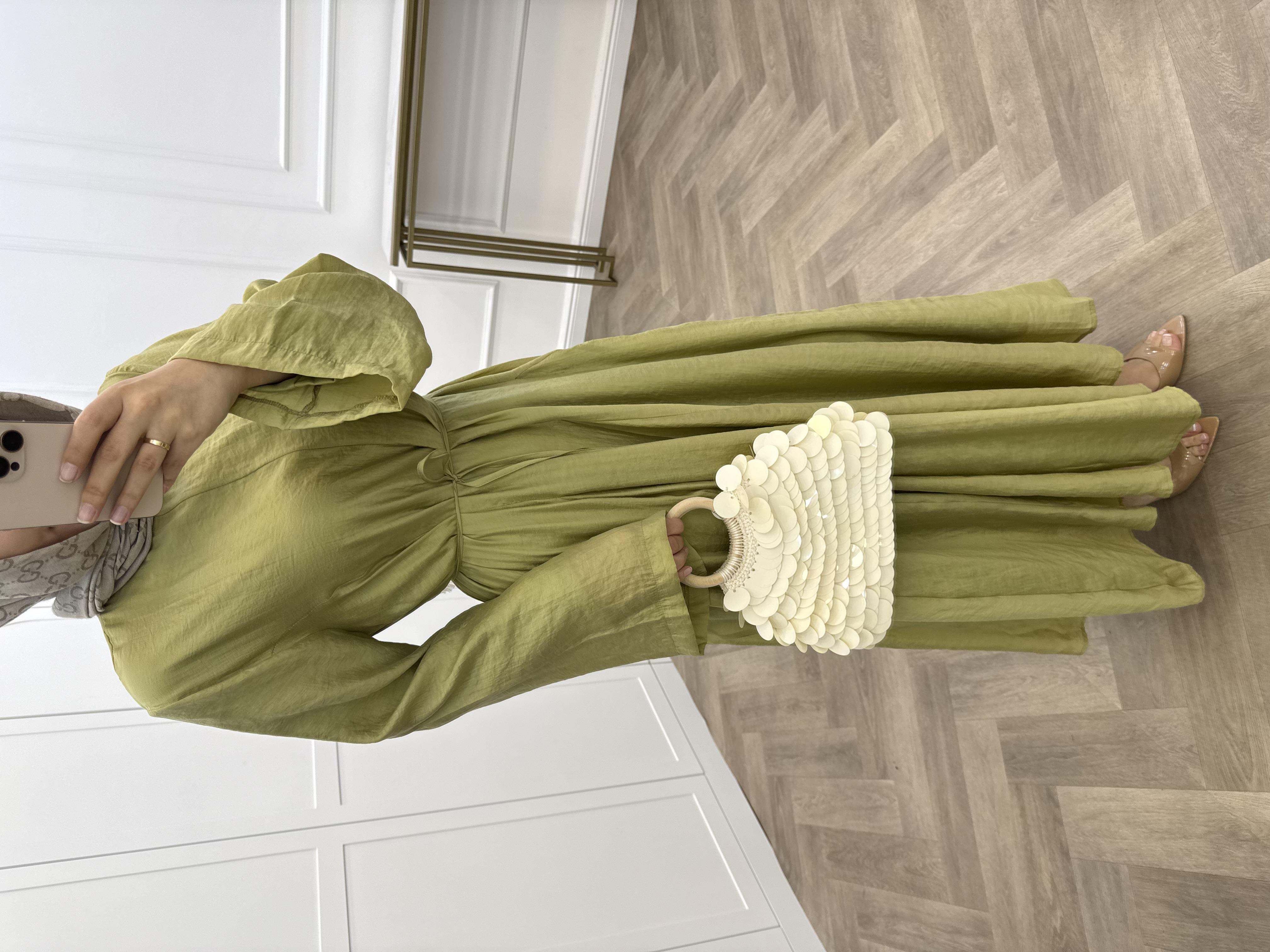 RİSSA ŞİFON ELBİSE YAĞ YEŞİLİ