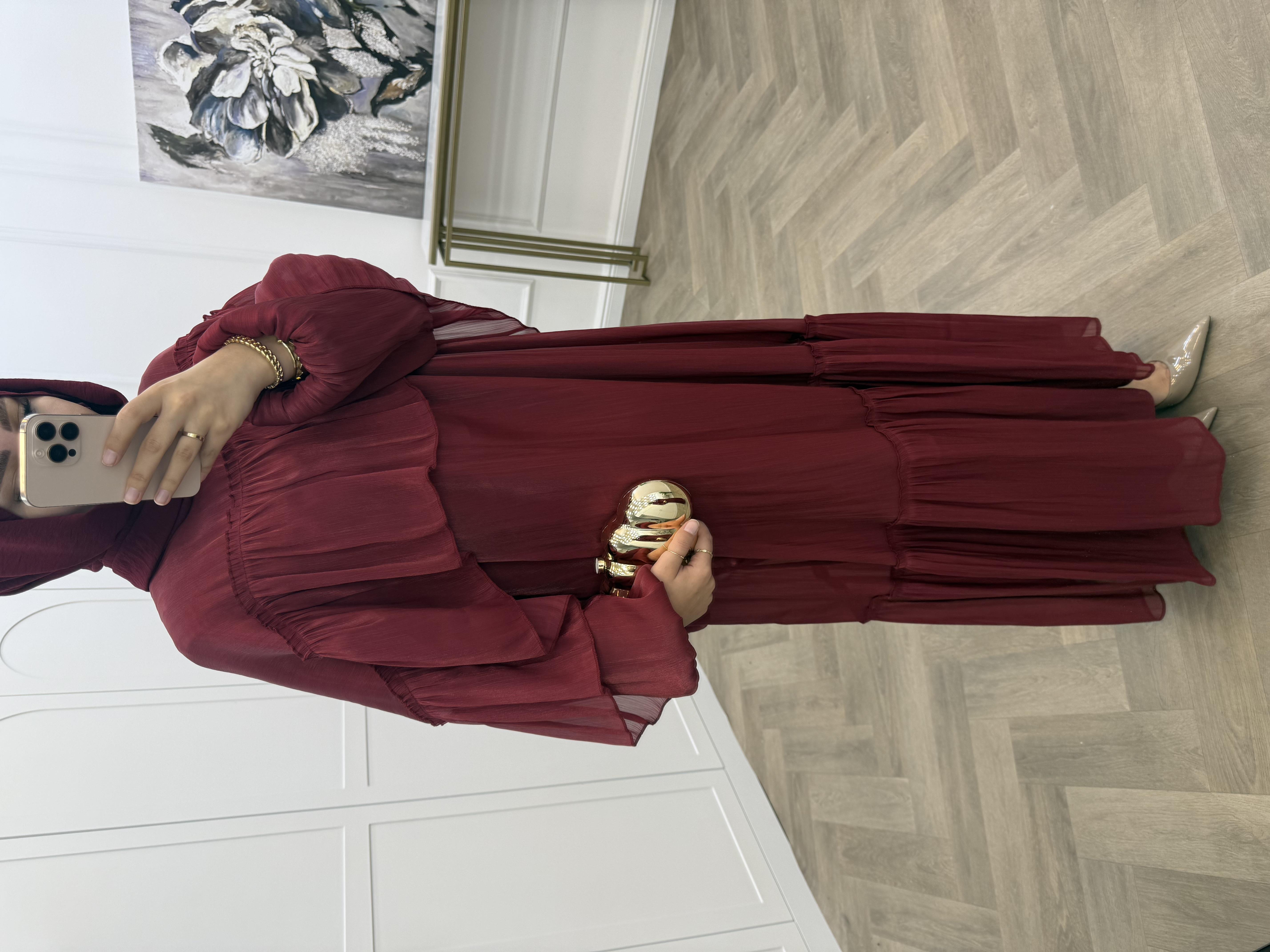 SAFA ORGANZE ELBİSE BORDO