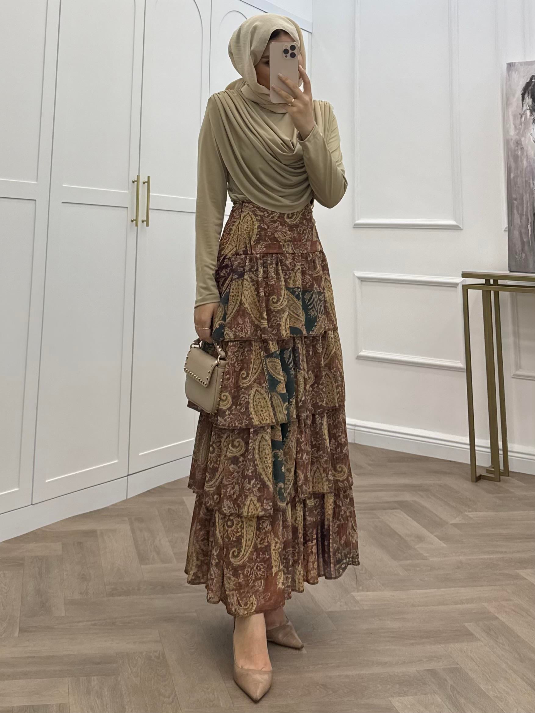 ŞAL DESEN KATLI ŞİFON ETEK KAHVE