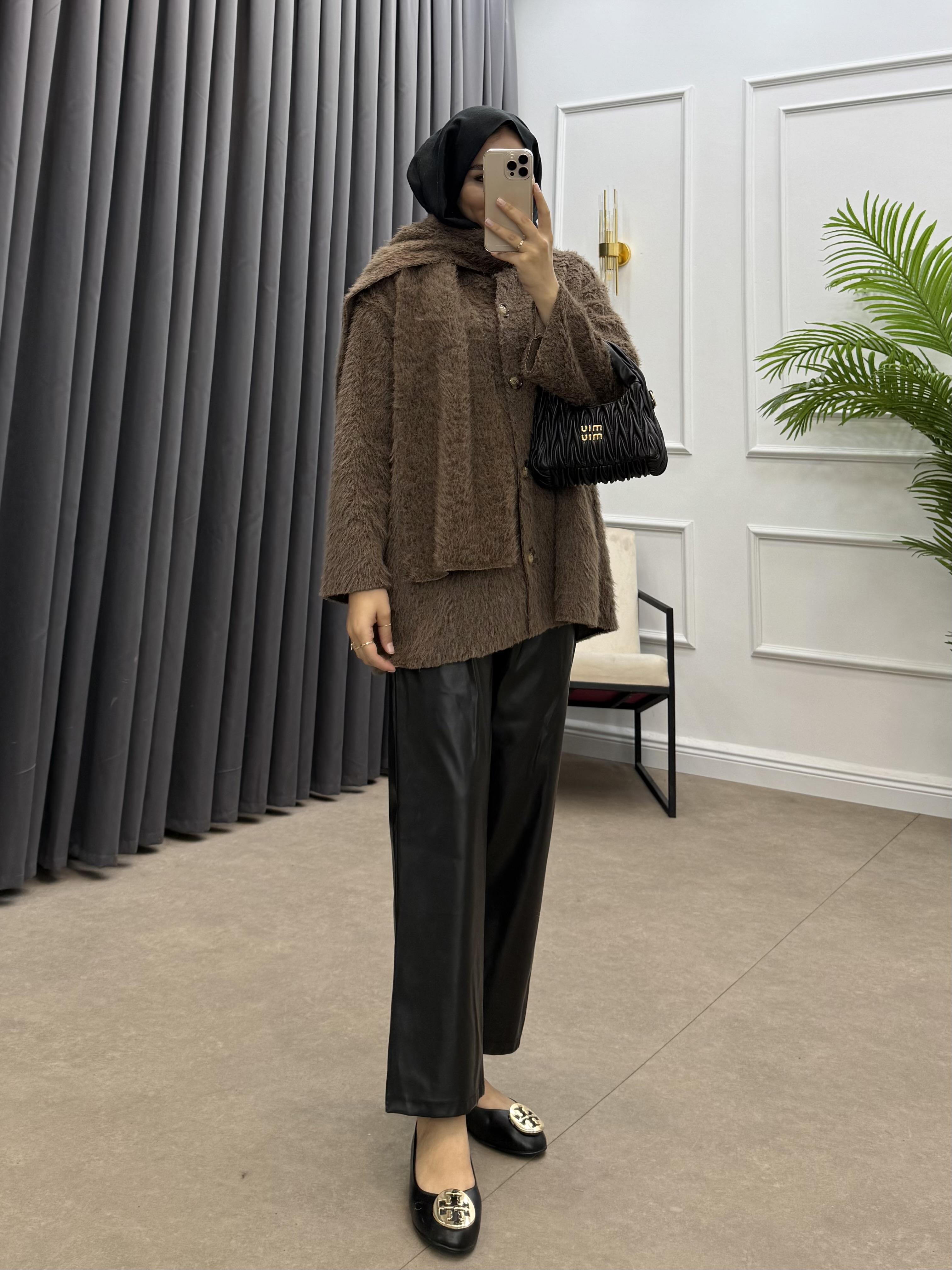 ŞAL DETAY KAŞE CEKET KAHVE