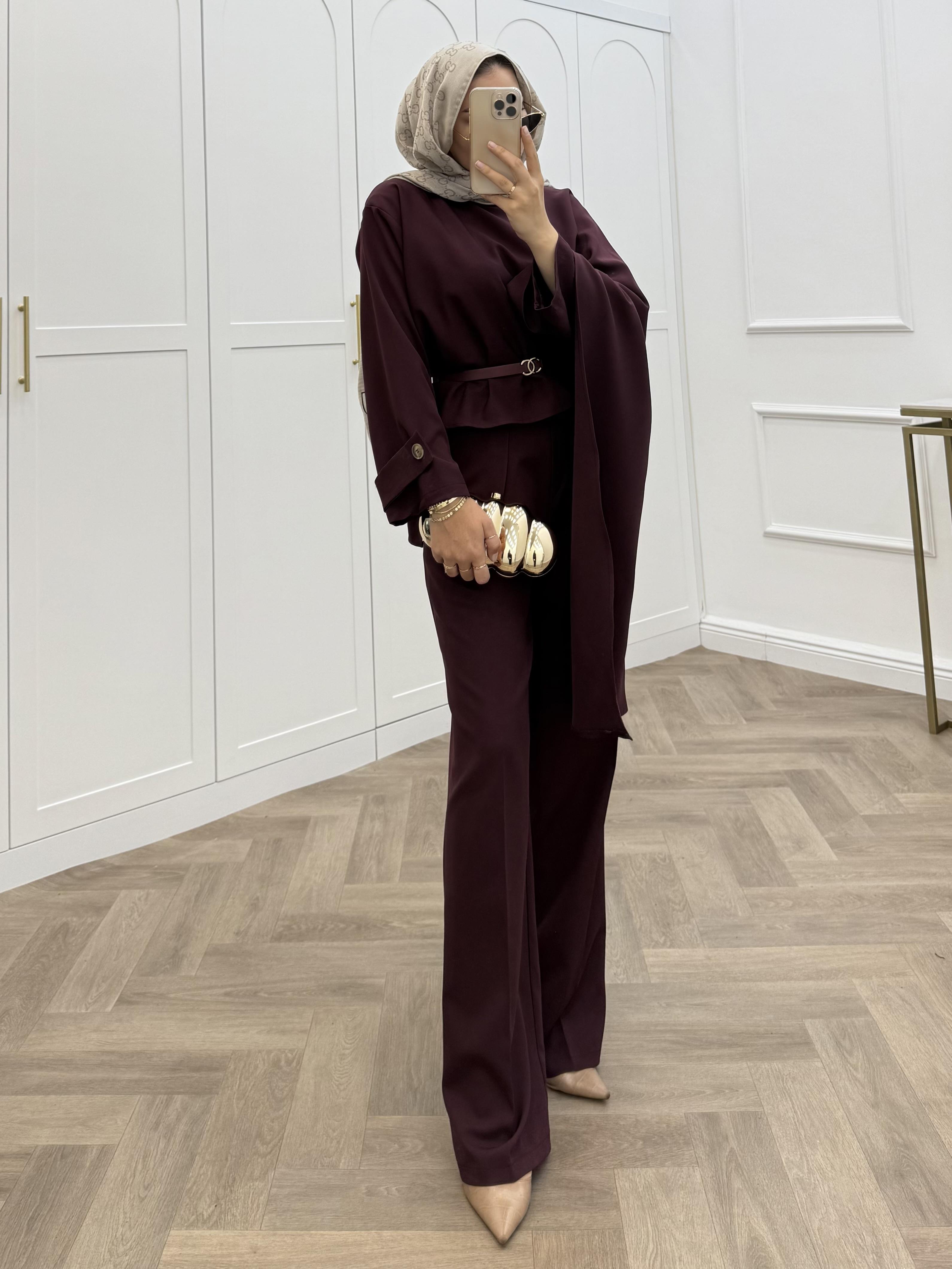 ŞAL DETAY KOL APOLETLİ PANTOLONLU TAKIM BORDO